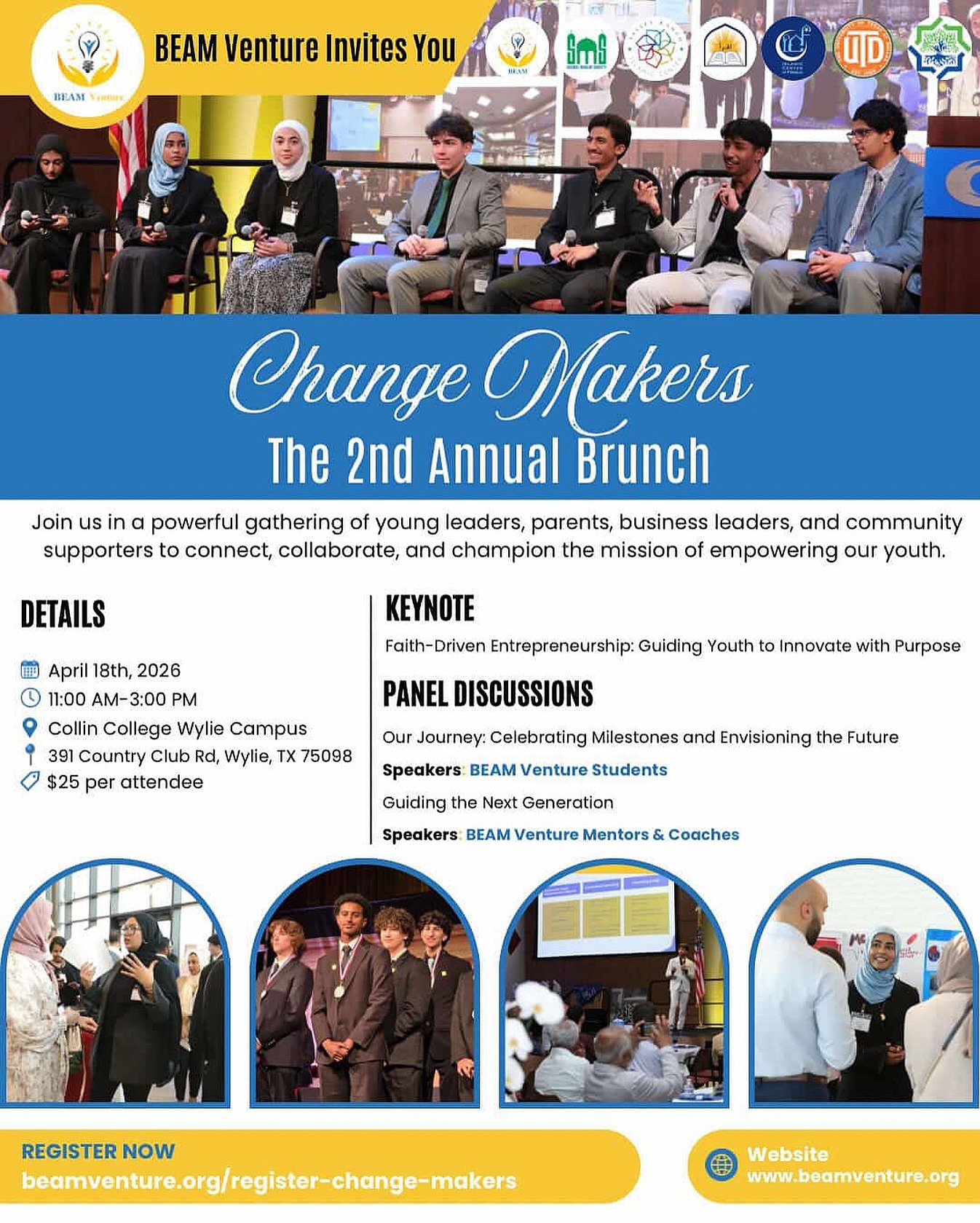 We’re less than 10 days away from one of our most meaningful gatherings of the year—Change-Makers: The 2nd Annual BEAM Venture Brunch.
This special afternoon brings together our students, parents, mentors, and community leaders to connect, reflect, and build forward—together.
Insha’Allah, we’ll be celebrating the journeys of our students, hearing powerful insights from youth and mentors, and strengthening the bonds that make this community so impactful.
✨ A few spots are still available, and we would truly love to have you with us.
Please register by Sunday, April 12:
👉 https://www.beamventure.org/register-change-makers
If you’ve already registered, please keep an eye on your email for upcoming event details and updates.
We’re looking forward to sharing this meaningful gathering with you and your family, insha’Allah.