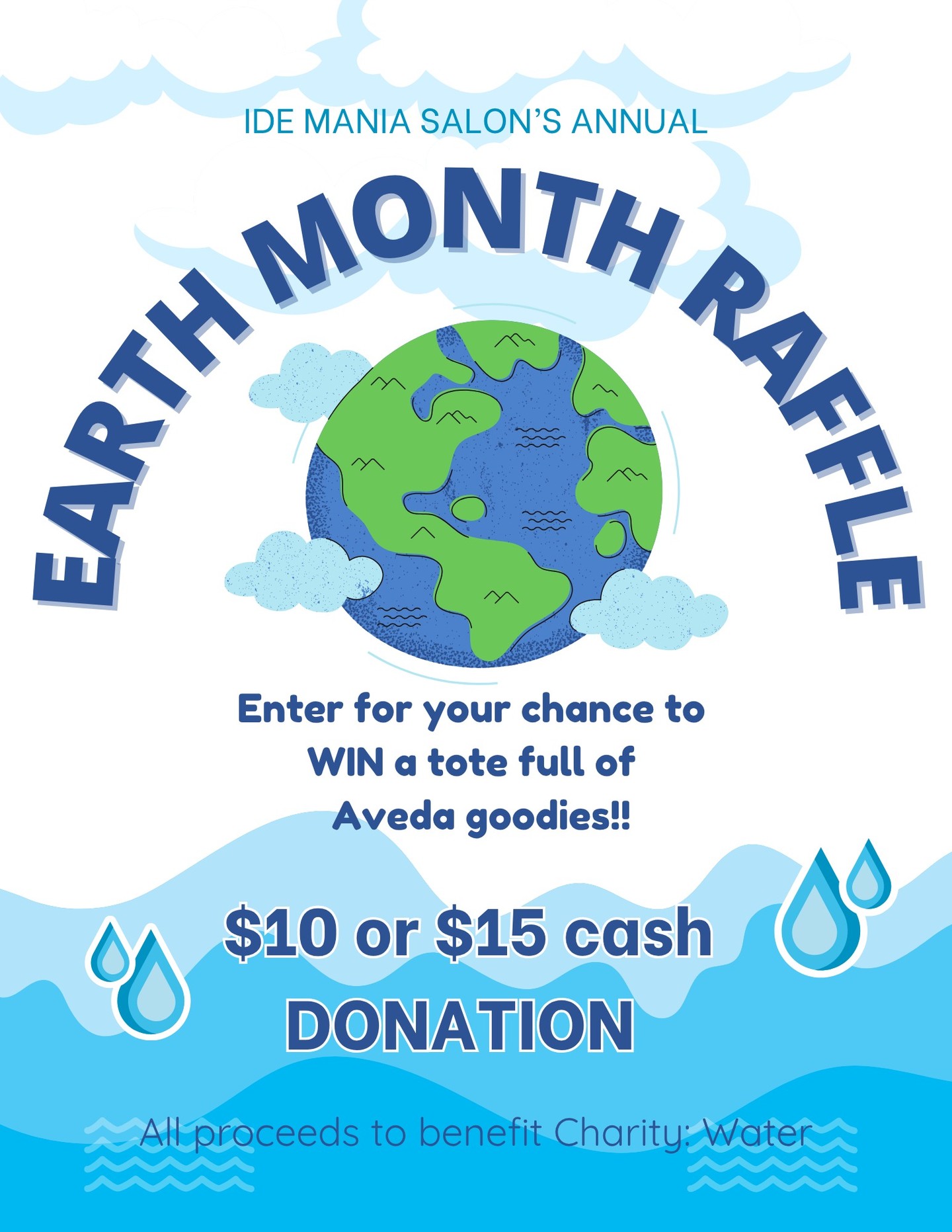 April is Earth Month! 🌎 It’s time for our Annual Earth Month Raffle with amazing prizes up for grabs! 🤩 Totes full of AVEDA goodies! 🎫 Stop by to purchase your tickets—please bring cash!💵 Enter as many times as you like. Tickets are $10 each for the SHAMPURE Tote or ROSEMARY MINT Tote, and $15 each for the NUTRIPLENISH Tote or BE CURLY Tote.
All entries serve as donations supporting @charitywater