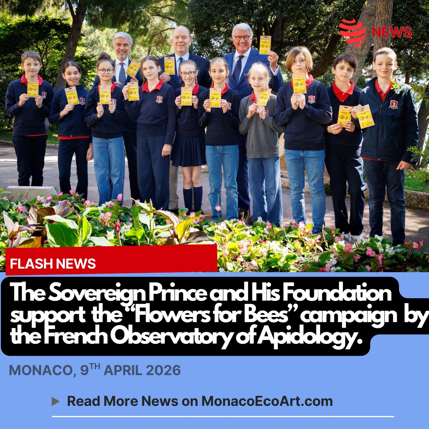 @mo.eco_art MonacoEcoArt.com #flash #news #community #action #beelover #Monaco #Montecarlo 🐝🌻On the 9th April 2026 at 12 p.m., H.S.H. Prince Albert II of Monaco, in the presence of Thierry and Arnaud Dufresne, respectively founding President and Vice-PresidentPresident of the Observatoire Français de l'Apidologie – OFA (French Observatory of Apidology), welcomed at Jardins Saint-Martin a group of ten #children aged ten from the François d'Assise–Nicolas Barré Institution: on the occasion od the 10th edition of the “Flowers for Bees” campaign (from the 9th to the 24th May 2026), this junior #team was made aware about the essential role of #bees in #pollination 🍯🌱 This initiative, launched in 2017 by the OFA with the support of the Sovereign Prince and the Prince Albert II of Monaco Foundation, aims at encouraging communities to sow melliferous #flowers in order to feed bees and preserve #biodiversity 🔸The campaign is addressed to federate the audience around tangible actions to curb the disappearance of pollinators: since its creation, more than 1.5 million packets of seeds have been distributed and many flower meadows have been created 🔅♻️ Bees are vital for global #food security, pollinating nearly 75% of crops and sustaining natural ecosystem biodiversity to face the use of pesticides, the habitat loss, and the climate change impact, which directly affect the survival of thousands of plant and animal species 📸 © @fondationprincealbert2 @fpa2canada @fpa2espana @fpa2.italia @palaisprincierdemonaco - Layout and Contents by: © MonacoEcoArt