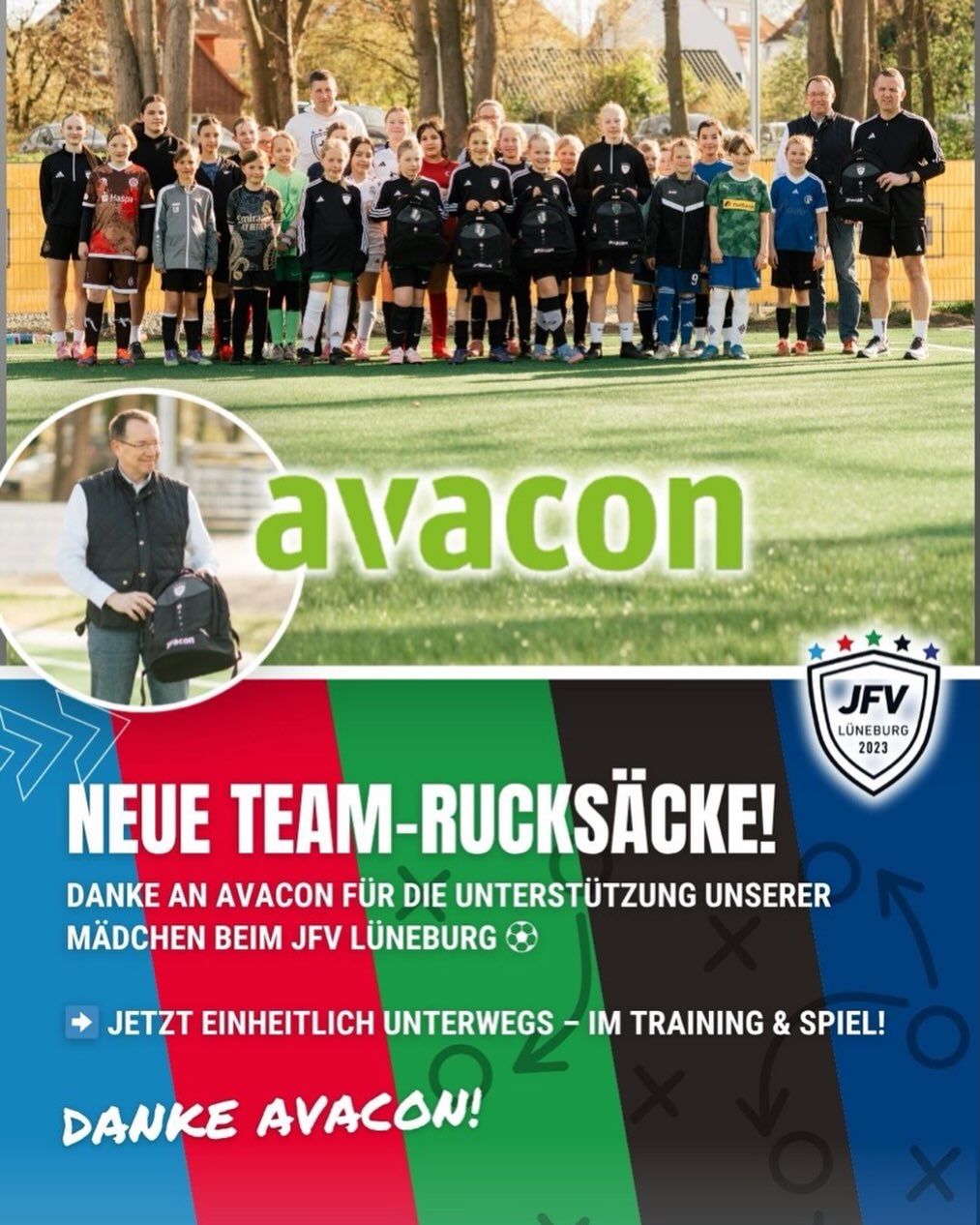 ⚽🎒 Starke Unterstützung für unsere Mädels!
Die Mädchenabteilung des JFV Lüneburg freut sich über neue, einheitliche Rucksäcke – ermöglicht durch die großzügige Unterstützung von @avacon.lueneburg und @avacon.de 🙌
Dank des Engagements von Avacon treten unsere Spielerinnen nun nicht nur sportlich, sondern auch optisch als echtes Team auf – egal ob beim Training oder am Spieltag 💙🤍
Ein besonderer Dank geht an Hans-Hermann Zetsche (Kommunalreferent Avacon), der die Rucksäcke persönlich übergeben hat 🤝
Solche Partnerschaften sind für den Jugendfußball enorm wertvoll – vielen Dank für die Unterstützung!
#JFVLüneburg #Mädchenfußball #Teamgeist #Danke #Avacon Nachwuchsförderung