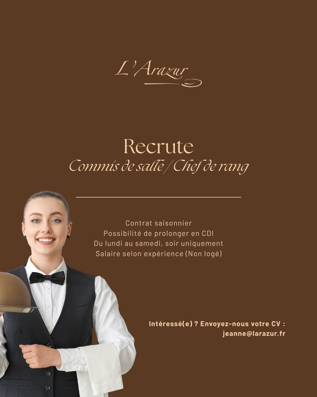 Rejoignez L’Arazur pour la saison : nous recherchons un commis de salle ou chef de rang motivé, avec le sens du détail et du service. Une belle opportunité d’évoluer dans un cadre convivial, avec possibilité de prolongation en CDI 👩🏻🍳