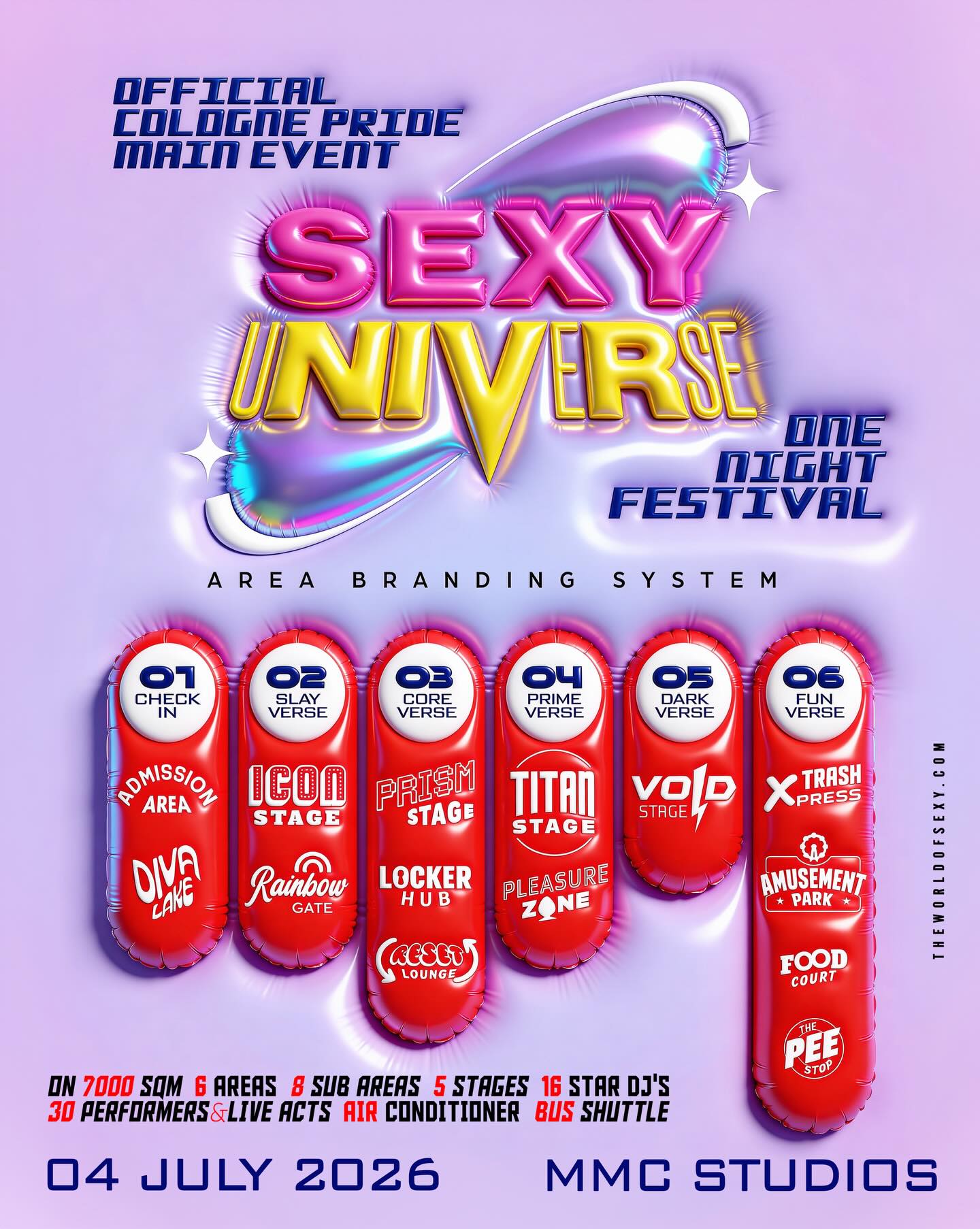 🌈 SEXY UNIVERSE | AREA BRANDING SYSTEM 🌈
This is all you can expect on our first ONE NIGHT FESTIVAL.
01 CHECK-IN
➡️ Admission Area
➡️ Diva Lake: a special kind of lake 💋
02 SLAYVERSE
➡️ Rainbow Gate = the gate that will lead you to the rest
➡️ Icon Stage = Pop Stage
03 COREVERSE
➡️ Prism Stage = our new Disco/House Stage
➡️ Locker Hub = Lockers area
➡️ Reset Lounge = Chill area
04 PRIMEVERSE
➡️ Titan Stage = Main Stage
➡️ Pleasure Zone = XXL Playzone
05 DARKVERSE
➡️ Void Stage = Techno Stage
06 FUNVERSE
➡️ Trash Xpress = Party Bus with 90s/00s music & more
➡️ Amusement Park = Area with fun rides
➡️ Food Court = Foodtrucks & bars
➡️ The Pee Stop = Additional toilets in outdoor area
OFFICIAL ARTWORK & FLOOR MAP COMING SOON ✨
THIS WILL BE OUR BIGGEST EVENT YET.
Can’t wait to see you there 🤩
