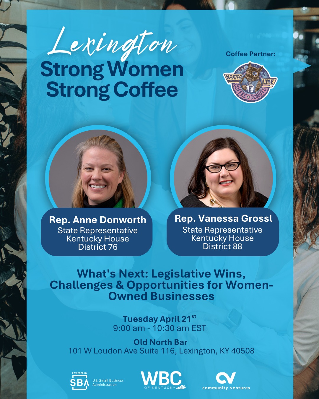 Your voice matters, especially in the rooms where decisions get made.
Join us for Strong Women, Strong Coffee as we bring women business owners face to face with the people shaping Kentucky’s economic landscape.
This month’s conversation, What’s Next: Legislative Wins, Challenges & Opportunities for Women-Owned Businesses, features State Representatives Anne Donworth @electannegaydonworth and Vanessa Grossl @vanessa.grossl.
Come hear the latest from state lawmakers, ask your questions out loud, and be part of shaping the priorities carried back to the Capitol.
✨ Submit your questions ahead of time: https://form.jotform.com/WBC_Kentucky/statepolicywomenentrepreneurs
📍 Old North Bar
101 W Loudon Ave Suite 116, Lexington, KY
📅 Tuesday, April 21, 2026
⏰ 9:00 – 10:30 AM EST
🎟️ Register with the link in our bio: @wbckentucky
☕️ We’ll save you a seat.
#WBC #StrongWomenStrongCoffee #LexingtonKY #SharetheLex