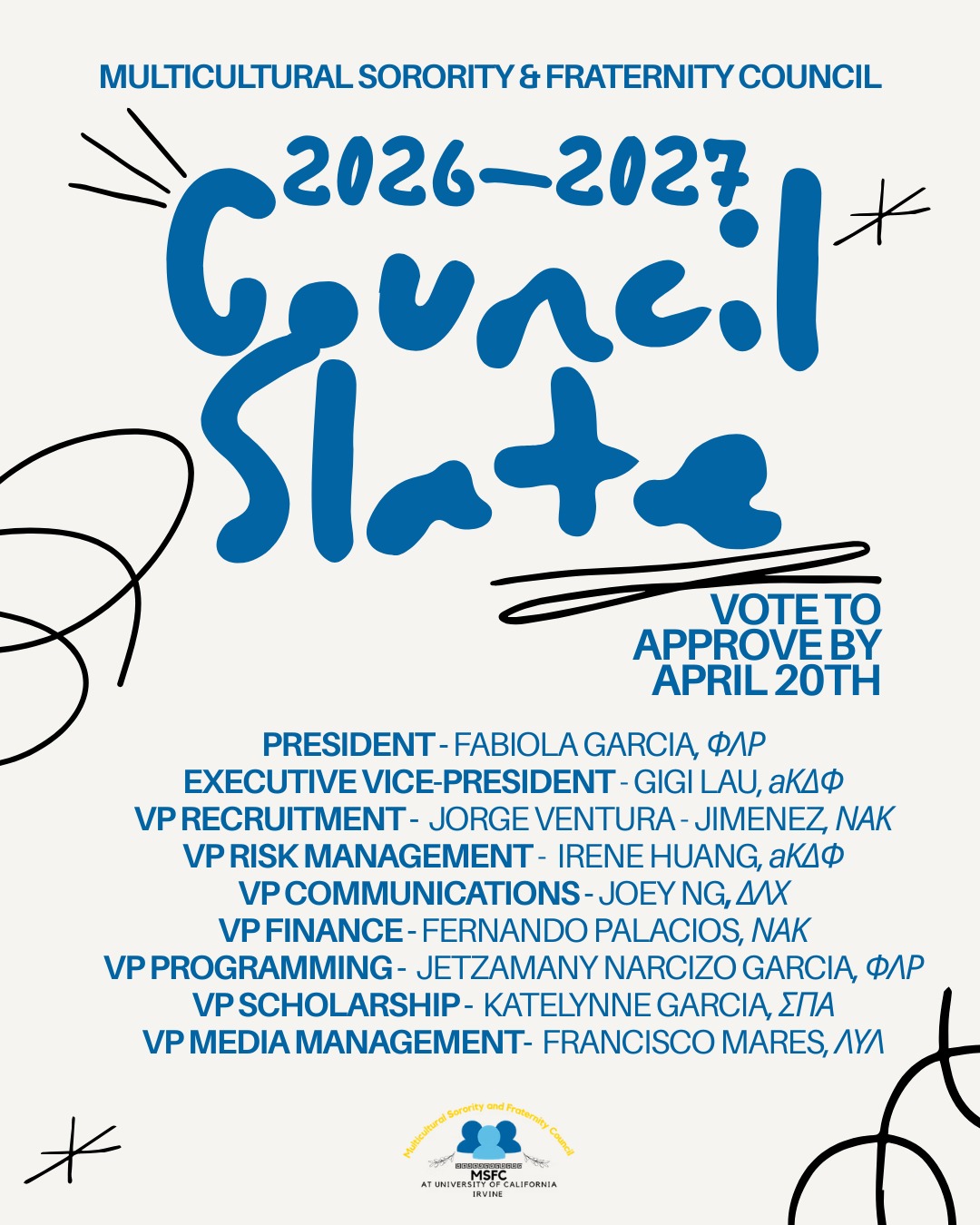 Introducing your slated 2026-2027 MSFC Executive Council!
Thank you to everyone who interviewed! We appreciate your proactiveness and participation, and encourage you to apply again✨
This group will be voted on at our next delegate meeting on Monday, April 20th.