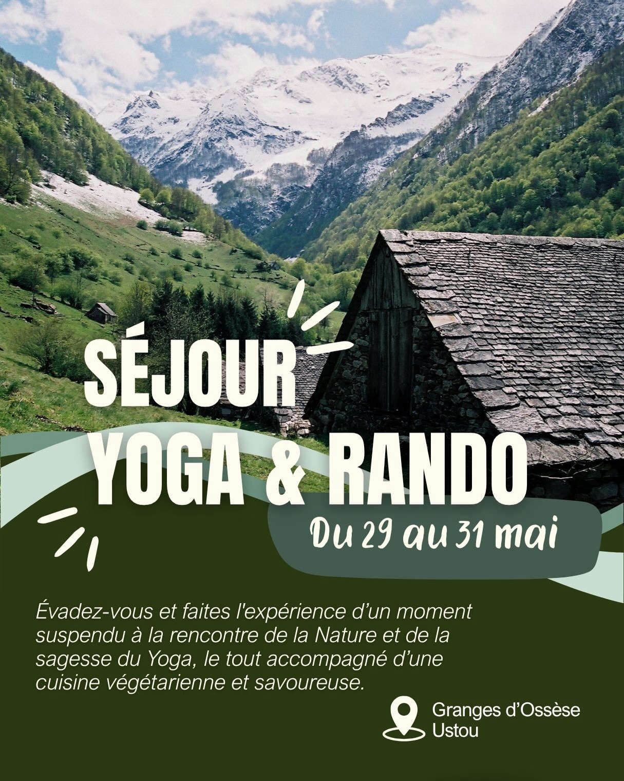 Je suis ravie de vous proposer cette nouvelle expérience en pleine nature 🏔️ L’occasion pour partager un moment de convivialité et pour s’offrir une pause loin du quotidien🤗 Si vous êtes intéressé(e)s ou avez des questions, n’hésitez pas m’écrire ✨ un bulletin d’inscription est disponible également sur mon site internet internet (lien dans la bio) ou vous retrouverez également le programme complet 🌸
Belle semaine à toustes !
#yogarando #yogaretreat #yogaoccitanie