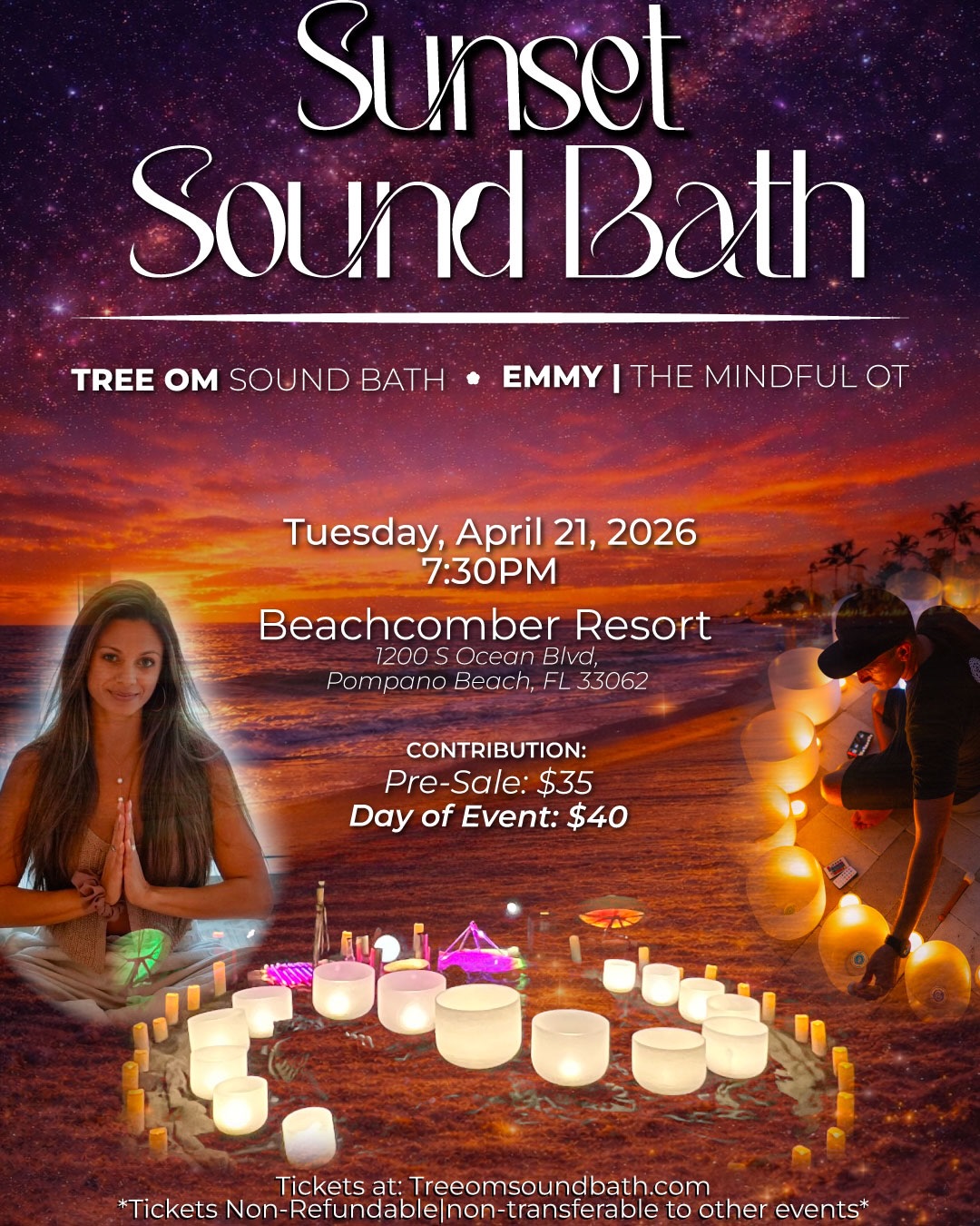 Tree OM & @the_mindful_ot cordially invite you all to our sunset Sound Bath Meditation at @beachcomberresort on Tuesday April 21st , please bring blankets and cushions 🪶💚