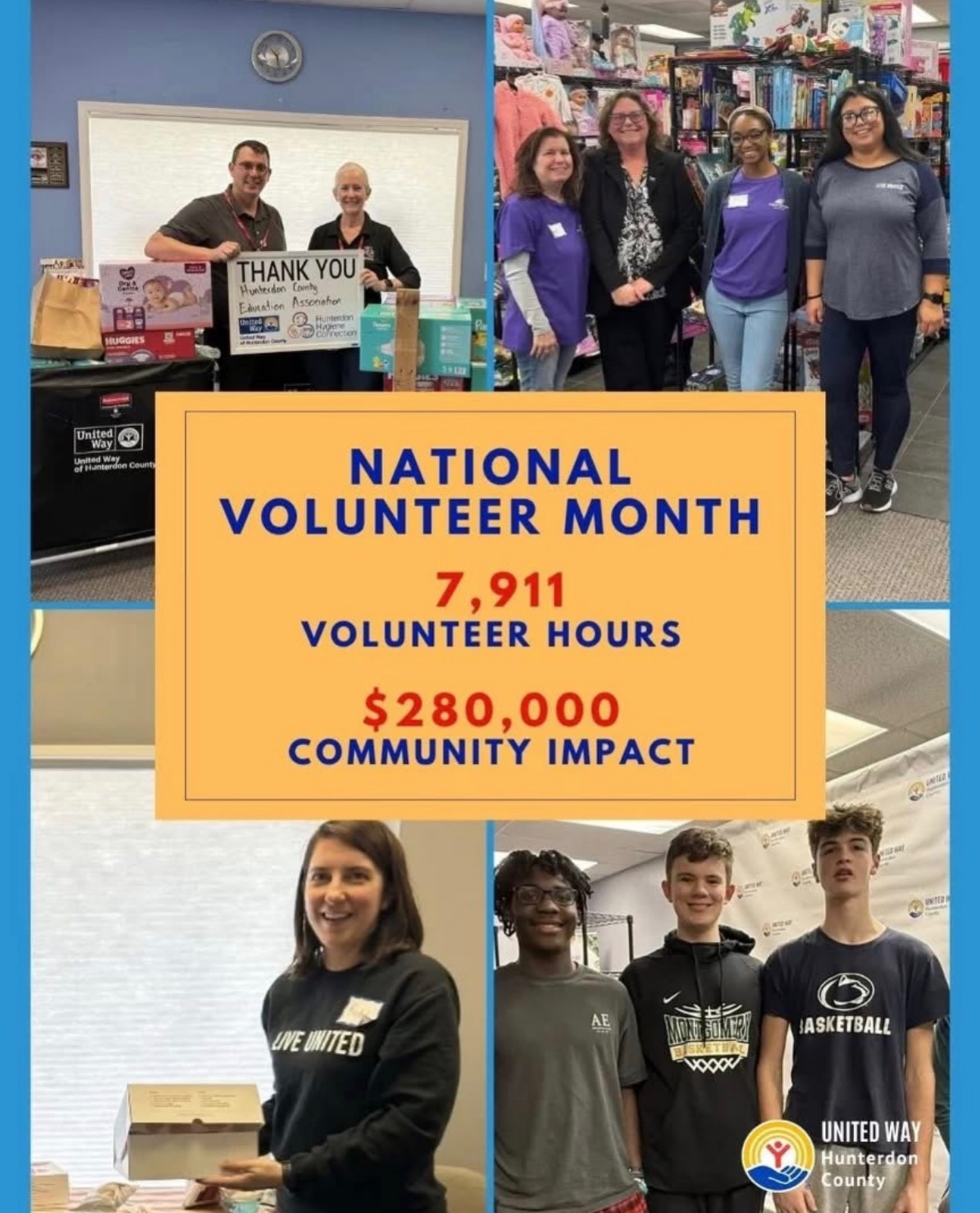 The impact of volunteers across Hunterdon County is truly extraordinary.
In 2025:
• 7,911 volunteer hours served
• Nearly $280,000 in community impact value
Behind these numbers are thousands of moments where someone chose to give their time to help others. That generosity strengthens programs, expands services, and builds a stronger community for everyone!
To every volunteer who shows up, gives back, and makes this work possible—thank you. 💙
#NationalVolunteerMonth #LiveUnited #HunterdonCounty #VolunteerImpact #GiveBack