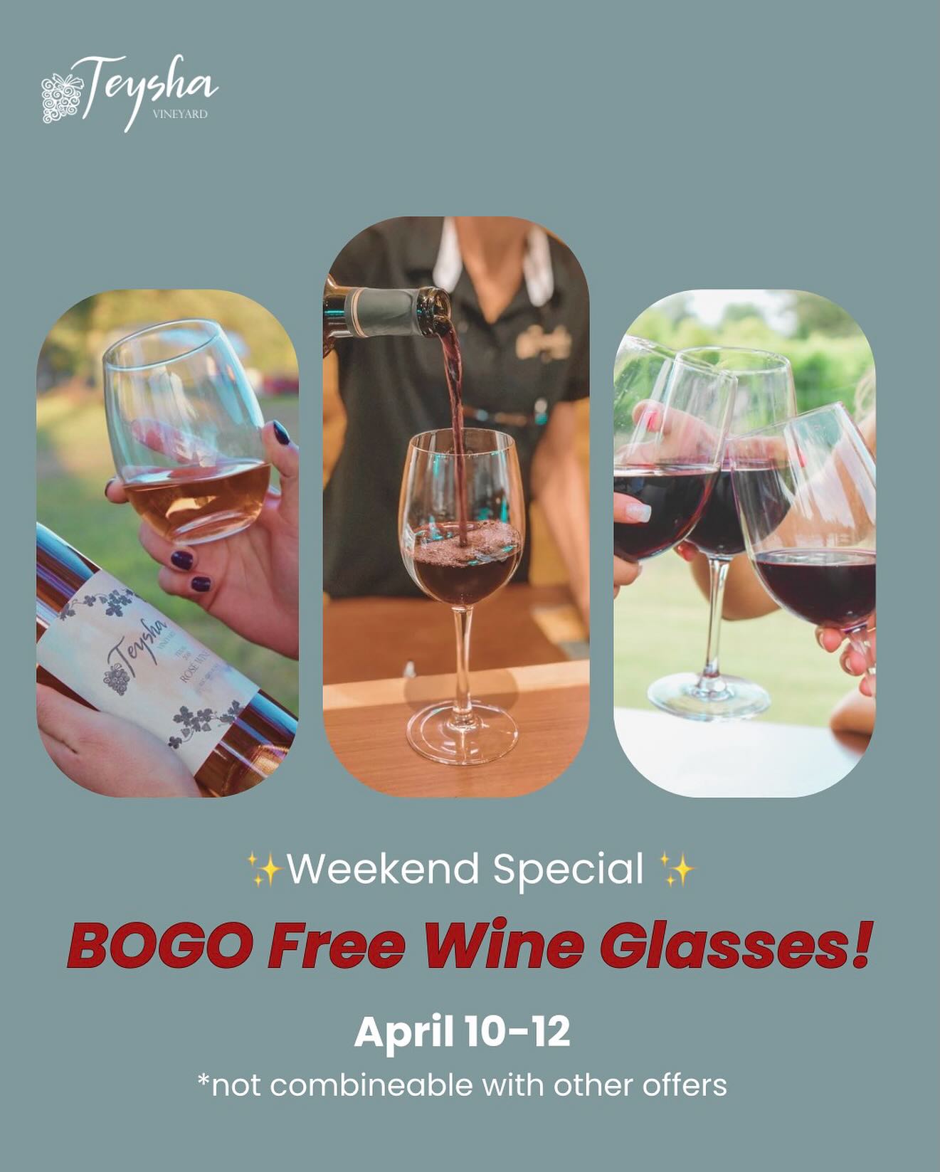 We’re making the most of our final month 💛
Join us this weekend for a little extra cheer—BOGO free wine glasses, April 10–12 🍷
We’ll be sharing a special each weekend in April as we count down to our final day open on April 26. Come sip with us, bring a friend, and help us celebrate these last few weekends together!
✨ Not combinable with other offers ✨