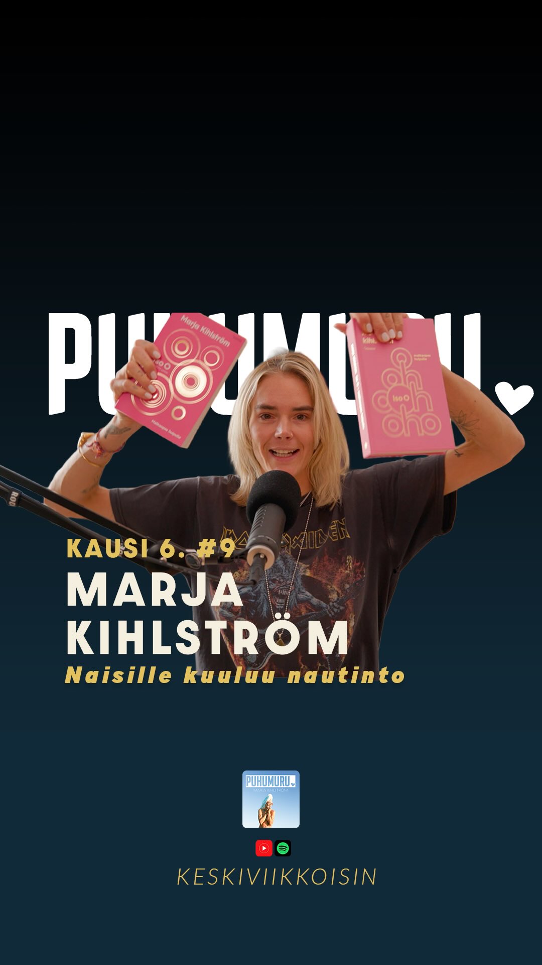KAUSI 6. #9 MARJA KIHLSTRÖM – Naisille kuuluu nautinto
Mainos. Tämänkertaisen jakson sponsoroi Edel – ja sulle on siellä ihana etu: saat -70 % alennuksen ensimmäisestä tilauksesta koodilla PUHUMURU. 💛👉 EDEL.FI
Tässä jaksossa mä olen pitkästä aikaa yksin äänessä, ja jotenkin se tuntuu nyt erityisen oikealta. Ja se on musta myös aika siistiä.
Mun Iso O – matkaopas huipulle -kirjan päivitetty laitos julkaistaan torstaina 16.4. Tässä jaksossa puhun siitä, miksi tämä kirja halusi syntyä uudelleen juuri nyt – ja miksi koen, että naisille kuuluu nautinto, oma seksuaalisuus ja myös tieto. Koska hyvä rakastaja ei tarvitse vain tunnetta ja rohkeutta, vaan myös ymmärrystä. Tämä uusi laitos menee monella tavalla syvemmälle kuin alkuperäinen kirja.
Puhun myös Sri Lankasta, matkasta jonka piti olla jotain ihan muuta, mutta joka venyi seitsemän viikon mittaiseksi ja muuttui lopulta jonkinlaiseksi siunaukseksi. En ennen matkaa edes täysin tajunnut, miten uupunut olin. Ja kun yhtäkkiä menettää kontrollin siitä, kuinka kauan on poissa, joutuu kohtaamaan itsensä aika rehellisesti.
Sri Lankassa sain olla paljon yksin, ja juuri siinä yksinolossa syntyi uudenlaista itseymmärrystä. Luontoyhteys aukesi mulle uudella tavalla, paikallinen energia tuntui ihanan kepeältä, ja jopa surffaus opetti enemmän kuin olisin ikinä osannut odottaa. Tässä jaksossa puhun siitä, mitä kaikkea seitsemään viikkoon mahtui – ja myös siitä, miksi kotiinpaluu pitkältä matkalta ei ole pelkkää juhlaa, vaan vaatii aikaa, tilaa ja lempeää asettumista.
Ja hei: jos haluat hankkia uuden Iso O -kirjan itsellesi, voit ostaa sen suoraan meiltä laittamalla viestiä osoitteeseen info@puhumuru.fi tai tilata omasi Kirja.fi-sivustolta. Saat sieltä -20 % alennuksen koodilla PUHUMURU, ja koodi on voimassa 31.5.2026 saakka. #parisuhde #hyvinvointi #puhumurupodcast