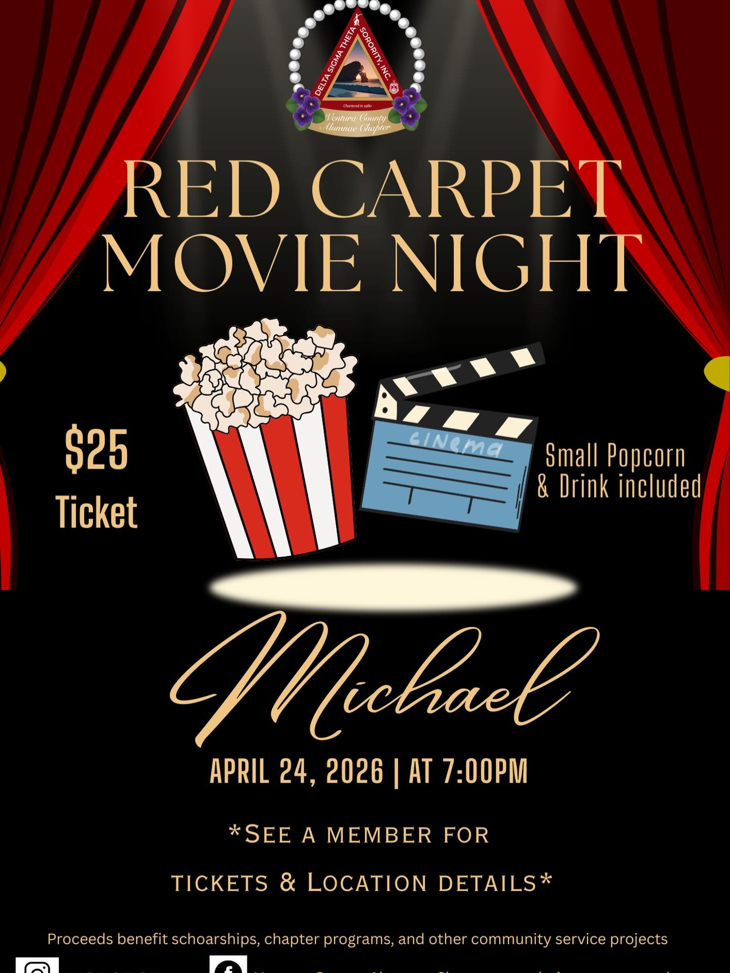 Please join the Ventura County Alumnae Chapter for the Red Carpet screening of the much anticipated movie “Michael” at a theater in Oxnard at 7 pm on April 24. Tickets must be purchased in advance, no tickets will be sold at the door. For more information e-mail info@dstvcac.org. #dst1913 #DSTFarwestRegion #MichaelJackson