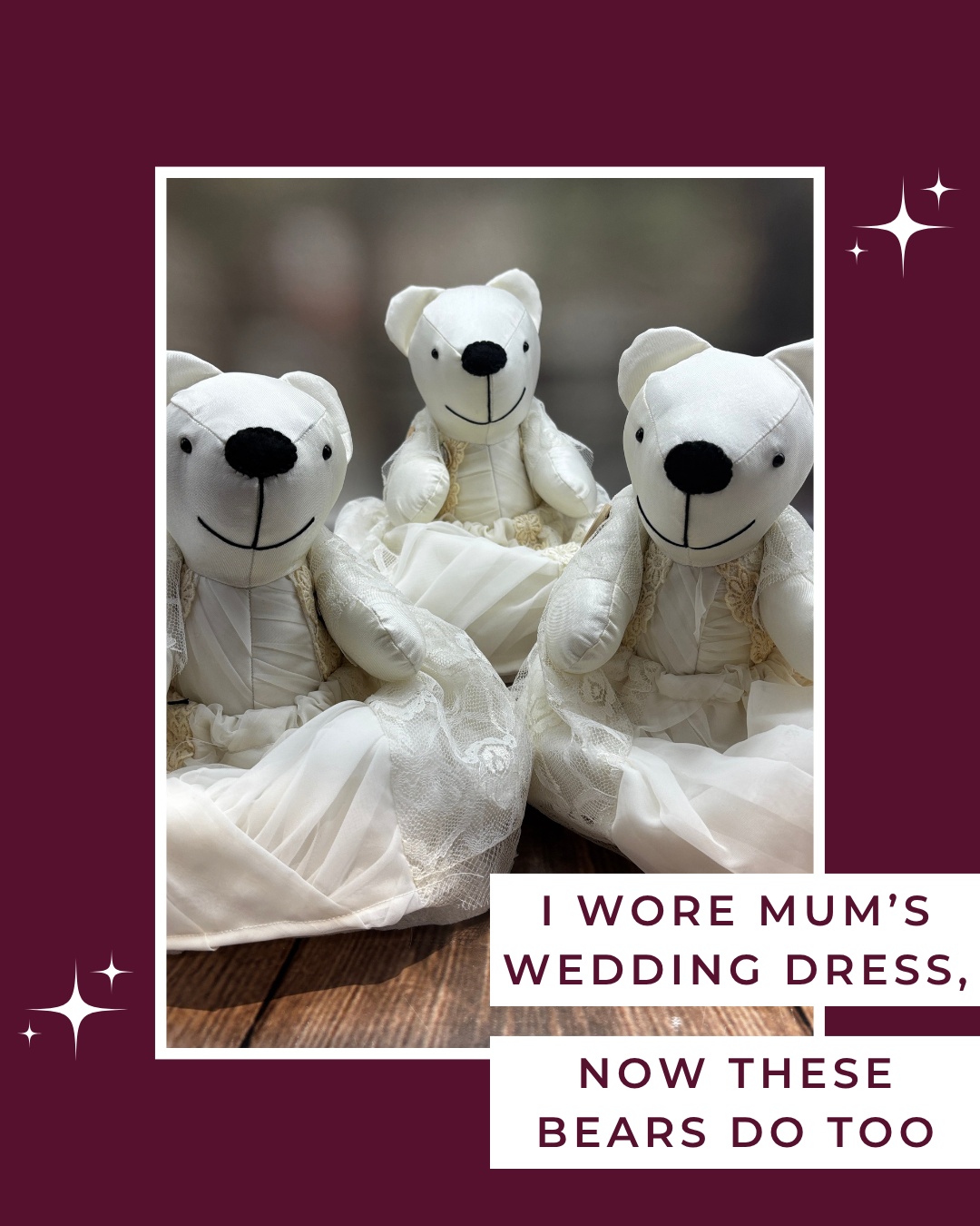 When Sonia asked me to create three small bears wearing little replica wedding dresses, the story behind them made it even more special.
The dress her mum wore at her wedding is the same dress which Sonia then wore when she got married. Creating miniature versions of this dress that's been worn by two generations means these bears carry a beautiful legacy of love and family tradition.
Three bears, one dress design, generations of memories preserved.
#TracysTreasuredKeepsakes #SmallBusinessUK #PersonalisedKeepsakes #HertsCustomKeepsakes #HandmadeGiftsUK