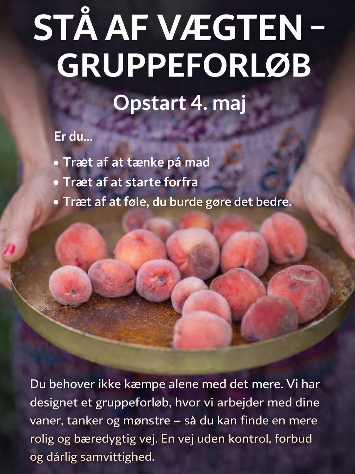 Vi kan hjælpe dig, som er træt af at tabe de samme kilo igen og igen. Dig som føler du hele tiden starter forfra.
Du skal væk fra kostplanen og arbejder med med det mentale i stedet.
Tilmeld dig vores gruppeforløb.
4x undervisning. Opstart 4. maj klokken 16.30. Obs tilskud fra sygesikring’Danmark.
Læs mere på www.hartvig-engell.dk
@hartvigengell #balance #stabilsundhed #viforandrerliv