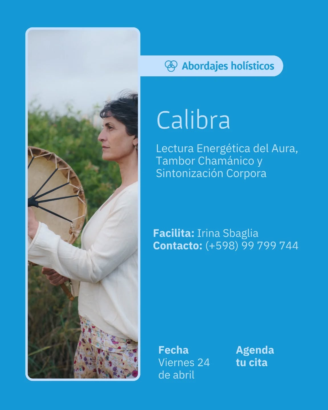 CALIBRA - Lectura Energética del Aura, Tambor Chamánico y Sintonización Corporal
Una sesión profunda para volver a tu esencia. CALIBRA integra la lectura del campo áurico, el sonido del tambor y un trabajo energético-corporal que armoniza, limpia y equilibra.
✨ Sentí alivio, claridad, paz y conexión con vos mismx.
🧡 Reduce ansiedad
🧘 Trae calma y orden interno
🕯️ Escucha tu propia guía interior
🔥 Reconecta con tu poder personal
🗓️Viernes 24 de abril - Presencial
📱Agenda tu cita: 099 799 744
🧘Facilita: Irina Sbaglia - @irina.sbaglia
#lecturadeaura #energia #integracion #tambor