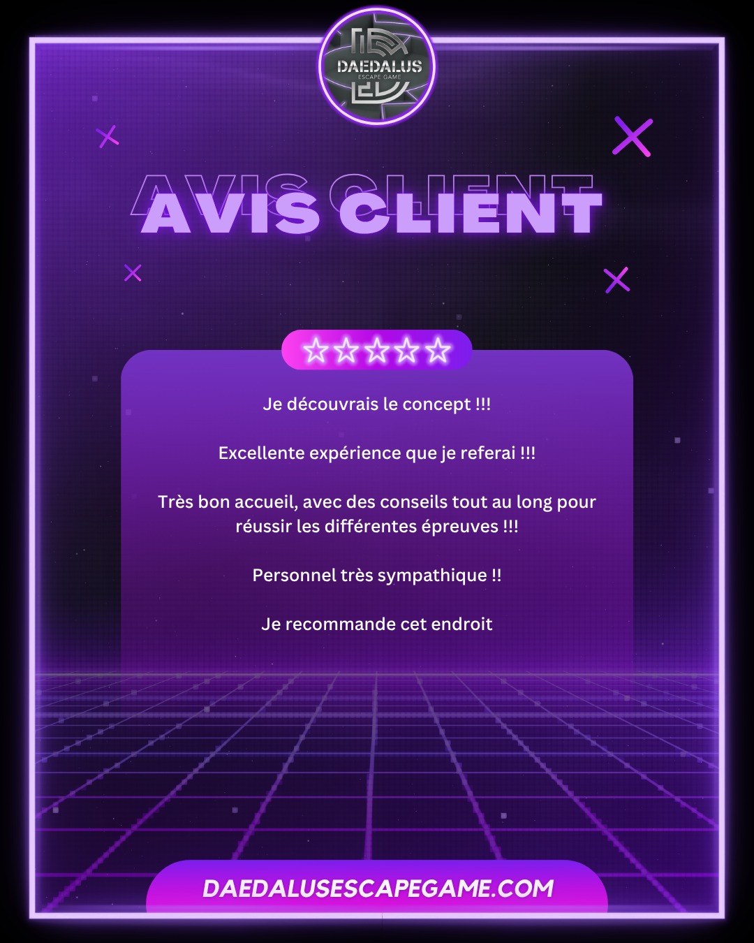 💬 𝗔𝗩𝗜𝗦 𝗖𝗟𝗜𝗘𝗡𝗧 💬
Vous savez ce qui nous passionne autant que nos énigmes ?
✨ 𝓥𝓸𝓼 𝓪𝓿𝓲𝓼 ✨
L'équipe Daedalus vous remercie grandement pour votre soutien ! 💜
__________________
🌐 https://f.mtr.cool/wjyweumgxg
📱 0633447032
☎️ 0984483171
#escape #escapegame #escaperoom #parcours #loisirs #jeu #jeux #blois #loiretcher #famille #amis #ami #barajeux #loire #jeudesociete #valdeloire #chateaudelaloire #loireavelo #bloismaville #valducher #sologne #vendome #sortiren41 #bloischambord #bloiscity #maisondelamagie #visiteblois #bloistourisme #avis
