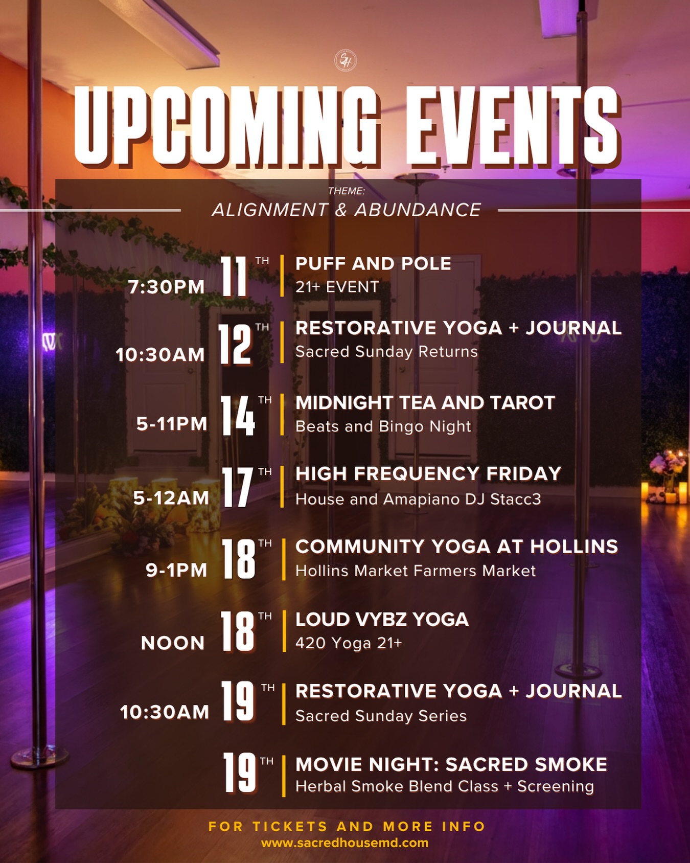 Your Sacred House lineup is here ✨
A month full of movement, music, healing, and community. Which event are you pulling up to? Want more info? Drop questions below! We can’t wait to have you at the house 🌱
🎟 Tickets: www.sacredhousemd.com