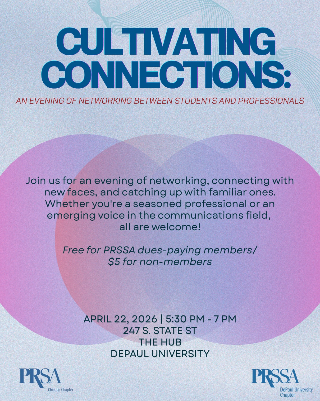 Join us for an evening of networking where you’ll connect with fellow students and communications industry professionals. In collaboration with PRSA Chicago, this event is a great opportunity to build meaningful connections and learn more about the wide range of career paths within the communications field.
This mixer is open to all students, not limited to DePaul!
📅 April 22, 2026 | 5:30PM - 7PM
📍 247 S. State ST, The Hub at DePaul University
🎟 Free for PRSSA dues-paying members/ $5 for non-PRSSA members
RSVP through the link in our bio