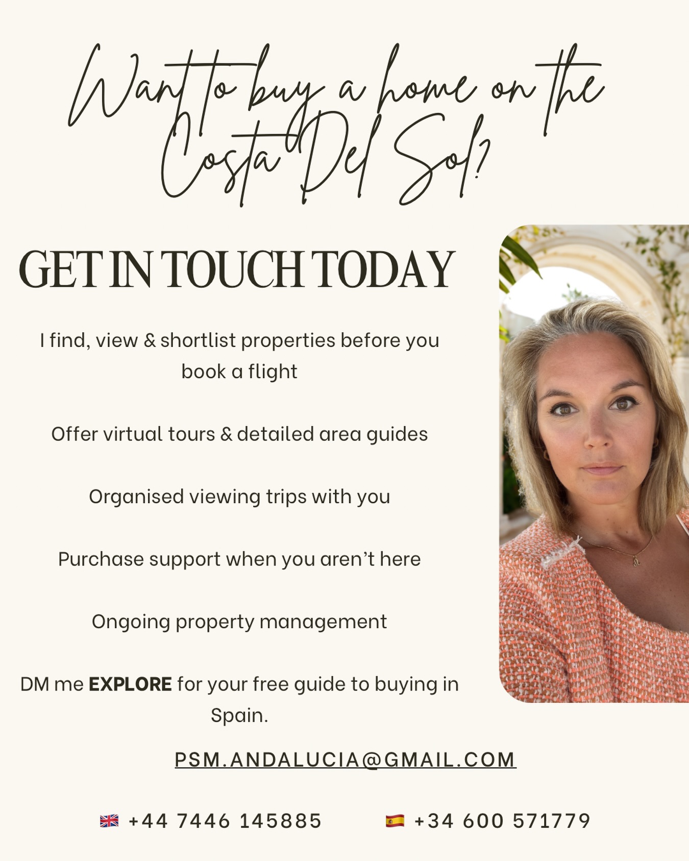 🏡 Thinking about buying a home on the Costa Del Sol?
I do the hard work so you don’t have to — finding, viewing and shortlisting properties before you even book a flight. ✈️
Here’s what I offer:
✔️ Virtual tours & detailed area guides
✔️ Organised viewing trips
✔️ Purchase support when you aren’t here
✔️ Ongoing property management
Whether you’re just starting to explore or ready to buy, I’m here to make the process simple, stress-free and exciting. 🌞🇪🇸
👉 DM me EXPLORE to get your free guide to buying in Spain.
📧 psm.andalucia@gmail.com
🇬🇧 +44 7446 145885 | 🇪🇸 +34 600 571779
#lifeinspain #movetospain #movingtospain #dreamhome #relocatetospain