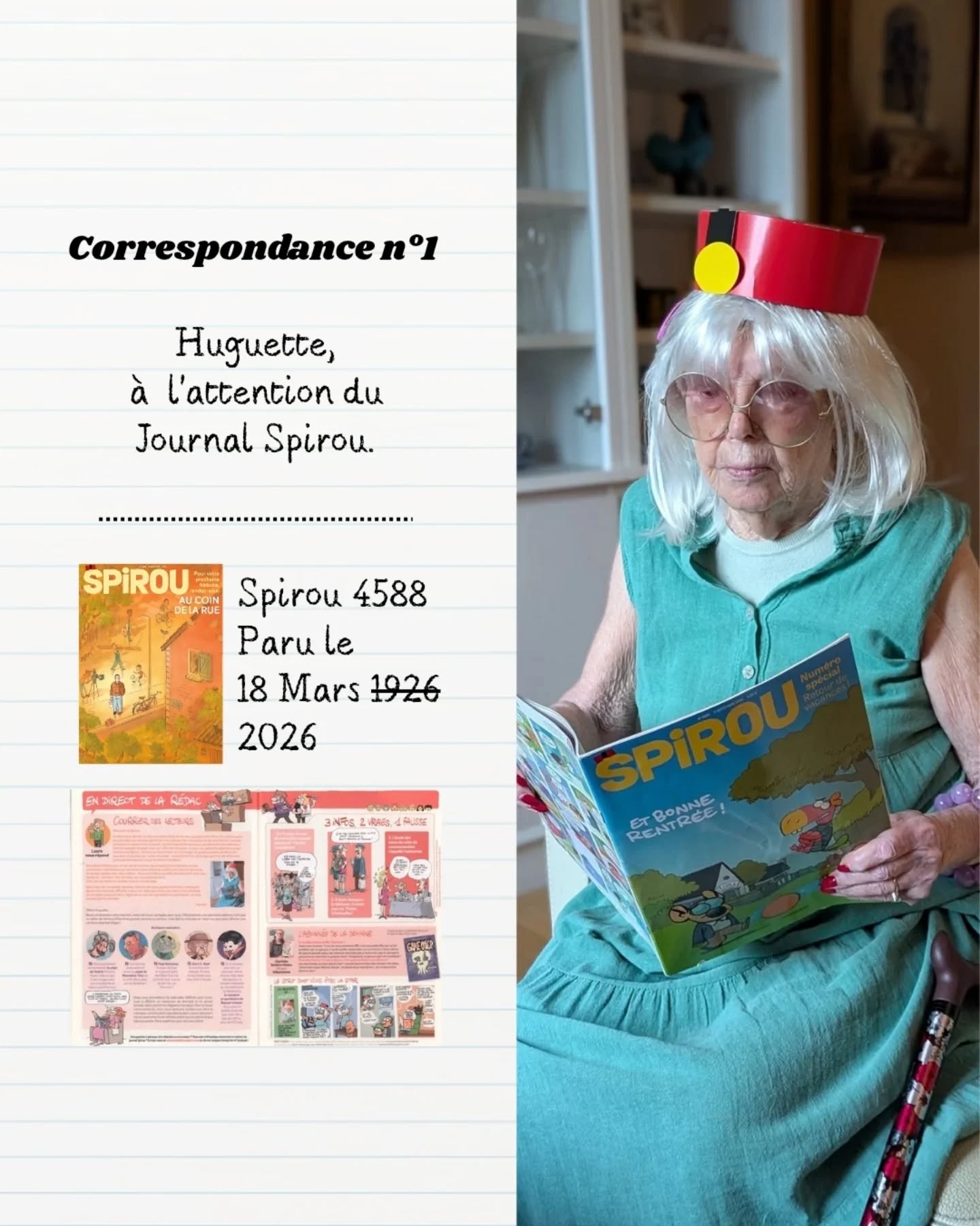 Vous avez raté les debuts d'Huguette dans le @journalspirou ??? 🫣
Eh bien, tout a commencé dans le courrier des lecteurs...
A votre avis, comment va réagir Huguette à ce beau cadeau fait par le journal ? 🤔
---
Écrit avec et surtout par @rude_not_to_ :)
Et un grand merci à Denyse d'avoir incarné Huguette. 😀