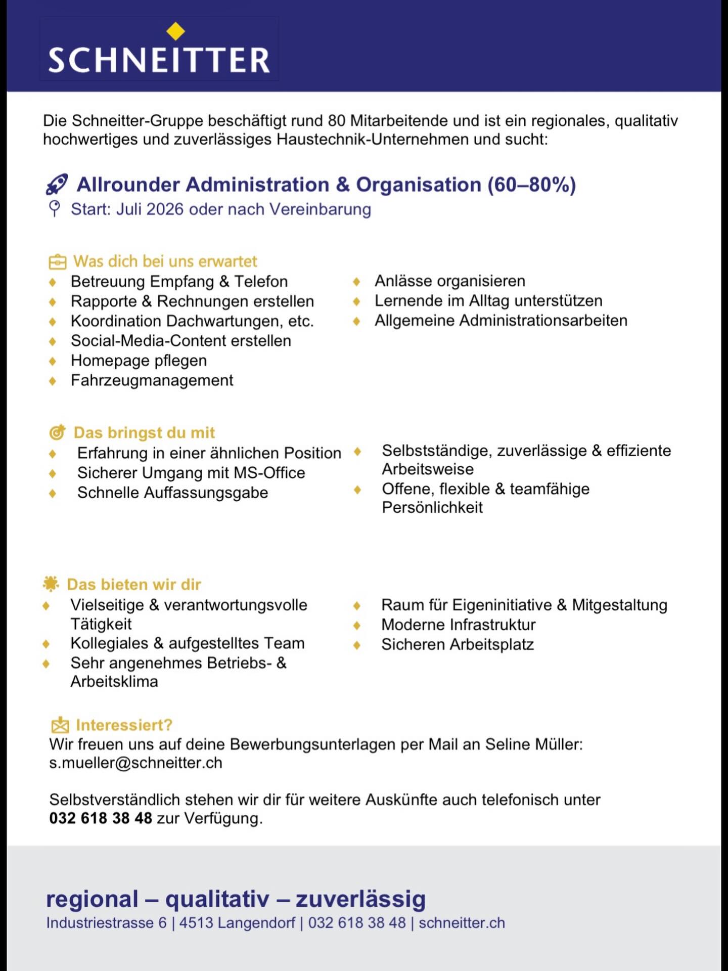 Wir suchen dich 🫵 – Allrounder Administration & Organisation (60–80%)! 💼📊
Bewirb dich bei uns!
#jobs #stellen #schneitterag #allrounder #admin