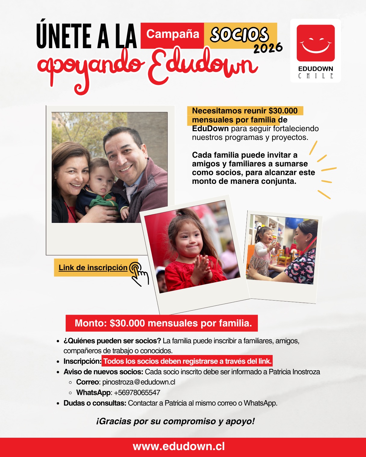¡Unidos como familia por Edudown!
Seguimos avanzando con nuestra campaña de socios, invitándote a ser parte de esta gran comunidad que cree en la inclusión y en el valor único de cada persona.
Al hacerte socio de Edudown, estás apoyando directamente el trabajo que realizamos día a día para generar más oportunidades y acompañar a muchas familias.
🤝 Cada inscripción cuenta
💰 Aporte: $30.000 por familia
👨👩👧👦 ¡Todos pueden ser socios!
¿Cómo sumarte?
1- Ingresa a nuestra página web
2- Haz clic en el botón naranjo “Hazte socio”
3- Completa tu inscripción
4- Realiza tu aporte
📩 Importante:
Si te haces socio o inscribes a alguien nuevo, por favor informa a Patricia Inostroza al correo: pinostroza@edudown.cl
Construyamos juntos una comunidad más inclusiva