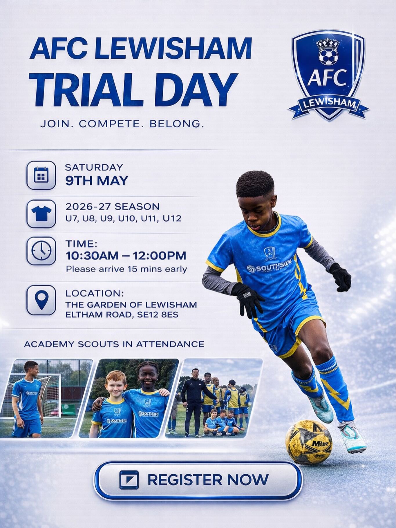 AFC LEWISHAM TRIAL DAY ⚽🔥
Come join the club and be part of our A & B league sides.
Come develop, compete, and potentially become our next graduate into an academy 👀
If you’d like to train with us before the trial date, drop us a DM and we’ll invite you down 📩
⏰ Please arrive 15 mins early
📲 Click the link in our bio to register