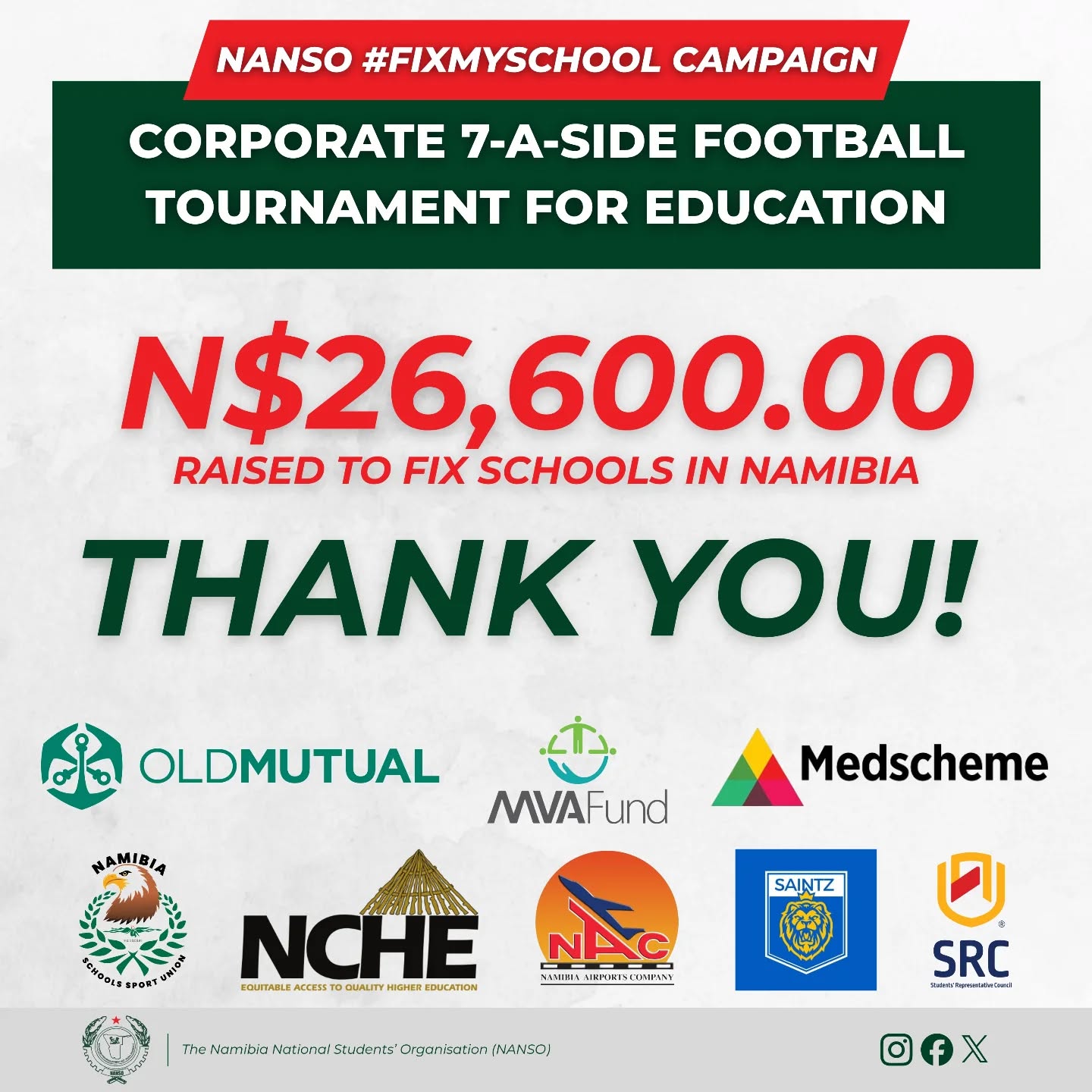 We are deeply grateful to every sponsor and every participating team who made the NANSO #FixMySchool 7-A-Side Football Tournament a success.
The collective effort has raised N$ 26 600.00, that will go towards the #FixMySchool Campaign. βπΎπ