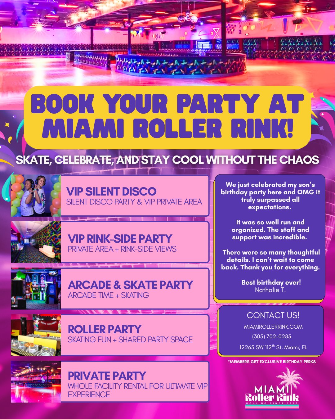 🎉 Celebrate your special day at Miami Roller Rink!
From in-session parties to full private rink rentals, we handle every detail so you can actually enjoy the moment.
🎈All Parties include:
• Live DJ
• Pizza and drinks (21+ available)
• Skate Rentals
• Party Decor (including balloon columns!)
• Seating area
• Dedicated party host
• Custom Marquee Moment
🎉 Party Enhancements:
• Karaoke
• Arcade games
• NEW Silent Disco
• NEW Party Platters
🪩Private party options:
• Full rink rentals
• Party Enhancements
• Perfect for Graduation parties, birthdays, family gatherings & corporate!
• Weekday parties receive 10% off and members enjoy extra perks
Dates fill quickly, so be the first to book your party today!
📞 (305) 702-0285
#miamirollerrink #hotwheels #miamievents #miamiparties #thingstodomiami
