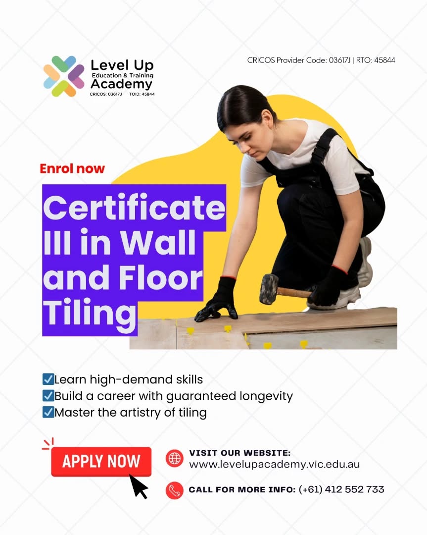 Looking for a career with stability and real opportunities?
Our Certificate III in Wall & Floor Tiling gives you the skills employers are looking for 👷♂️
🔹 High-demand industry
🔹 Practical, hands-on training
🔹 Pathway to long-term career growth
Don’t just study — build your future.
📩 Enrol now
#LevelUpYourCareer #Tiling #TradeLife #SkillsForLife #StudyMelbourne VETCourses CareerGrowth HandsOnLearning