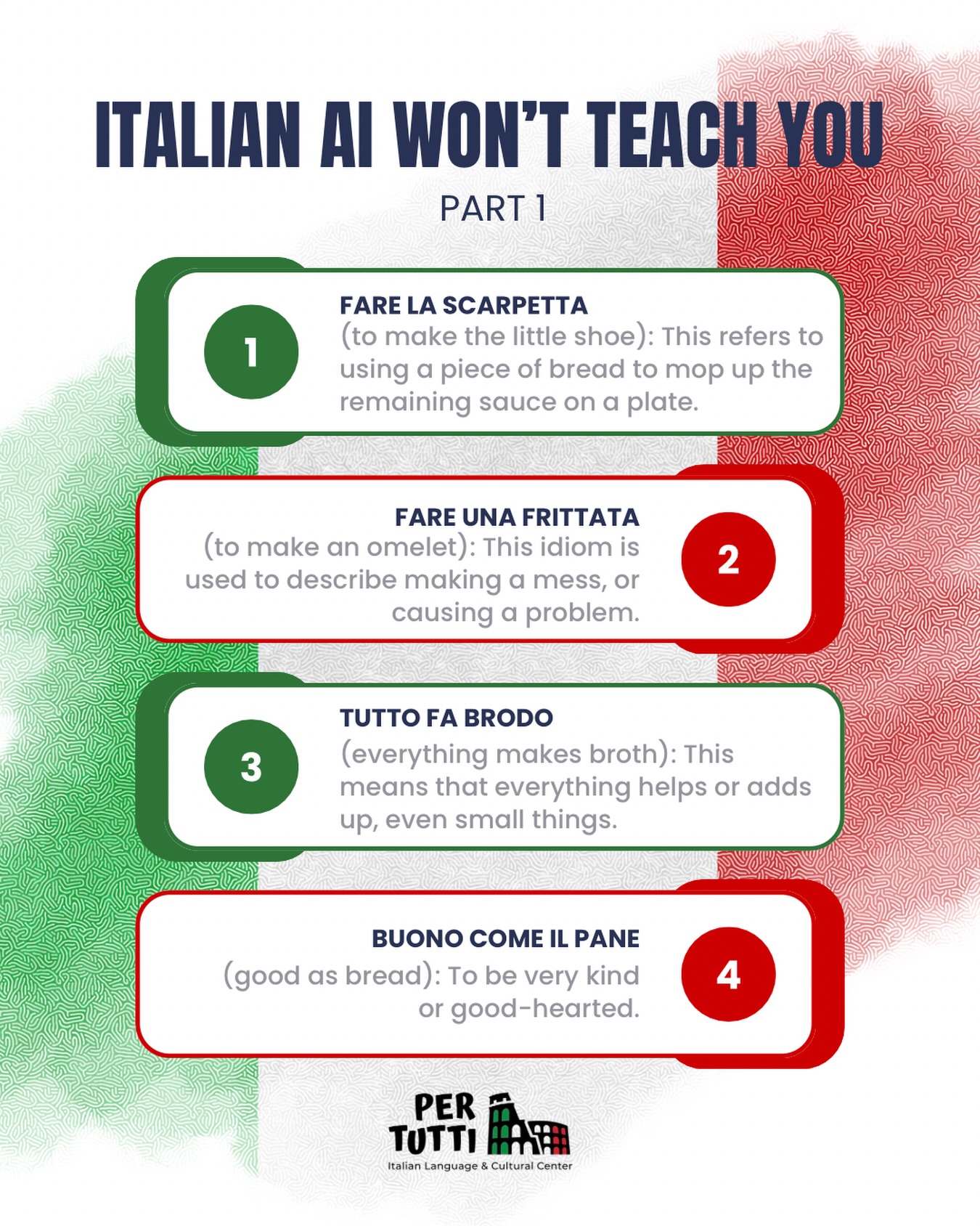 AI can teach you words… but it can’t teach you how Italians actually speak.
Idioms, tone, gestures, cultural context, these aren’t things you memorize, they’re things you experience.
That’s the difference with in-person classes. Real conversations, real-time feedback, and a room full of people learning with you, not just an app talking at you. Offering the sense of community and social interaction that humans thrive on.
Because some things can’t be translated… only lived.