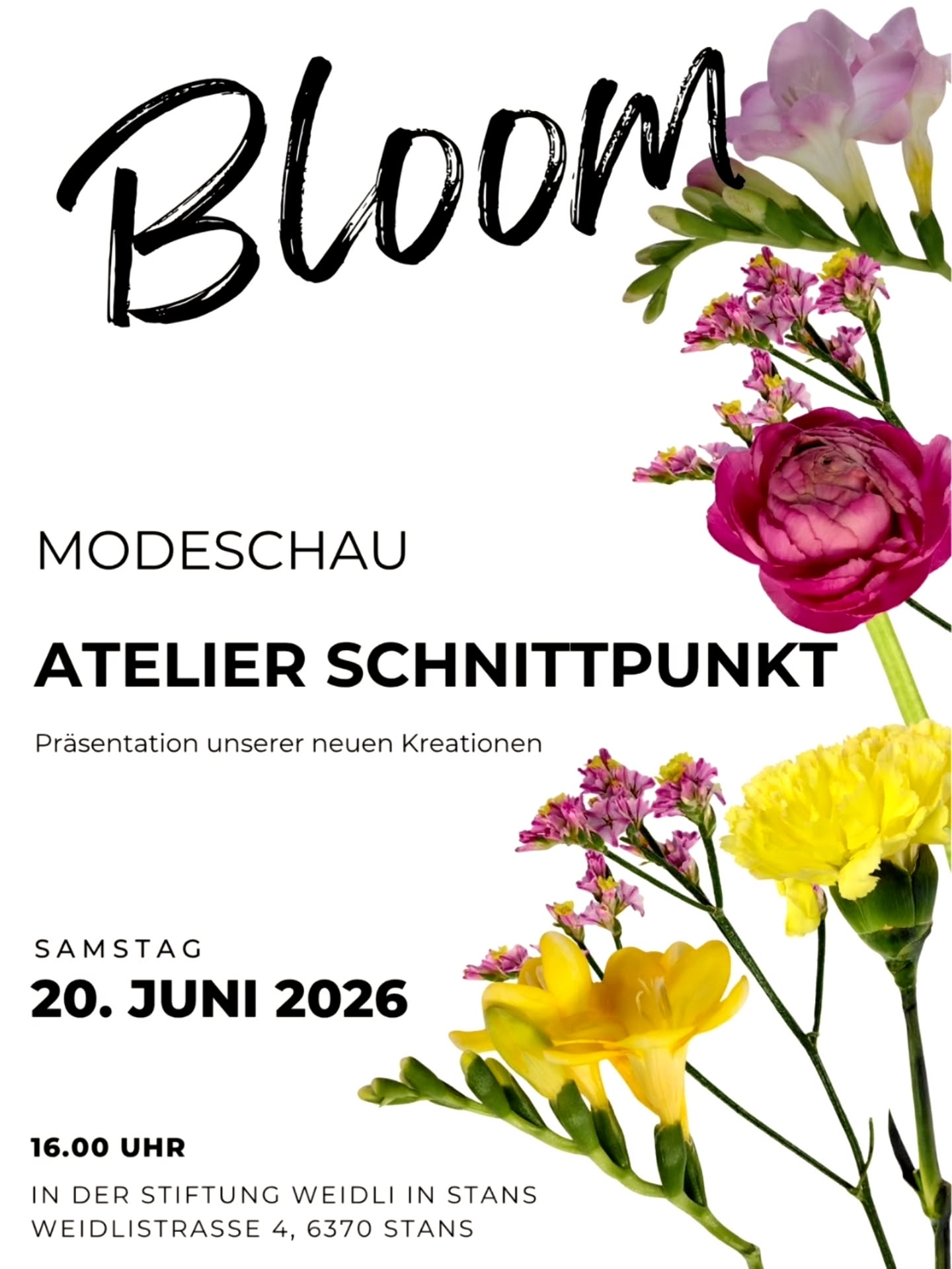 Blühende Designs und neue Kreationen, wir laden euch herzlich zu unserer Modeschau am 20. Juni 2026 um 16:00 Uhr in der Stiftung Weidli in Stans ein.
Erlebt Mode, die mit Liebe zum Detail entstanden ist.🌸🏵
Wir freuen uns, Sie bald begrüssen zu dürfen.
#atelierschnittpunkt #stans #stiftungweidli #modeschau #bloom