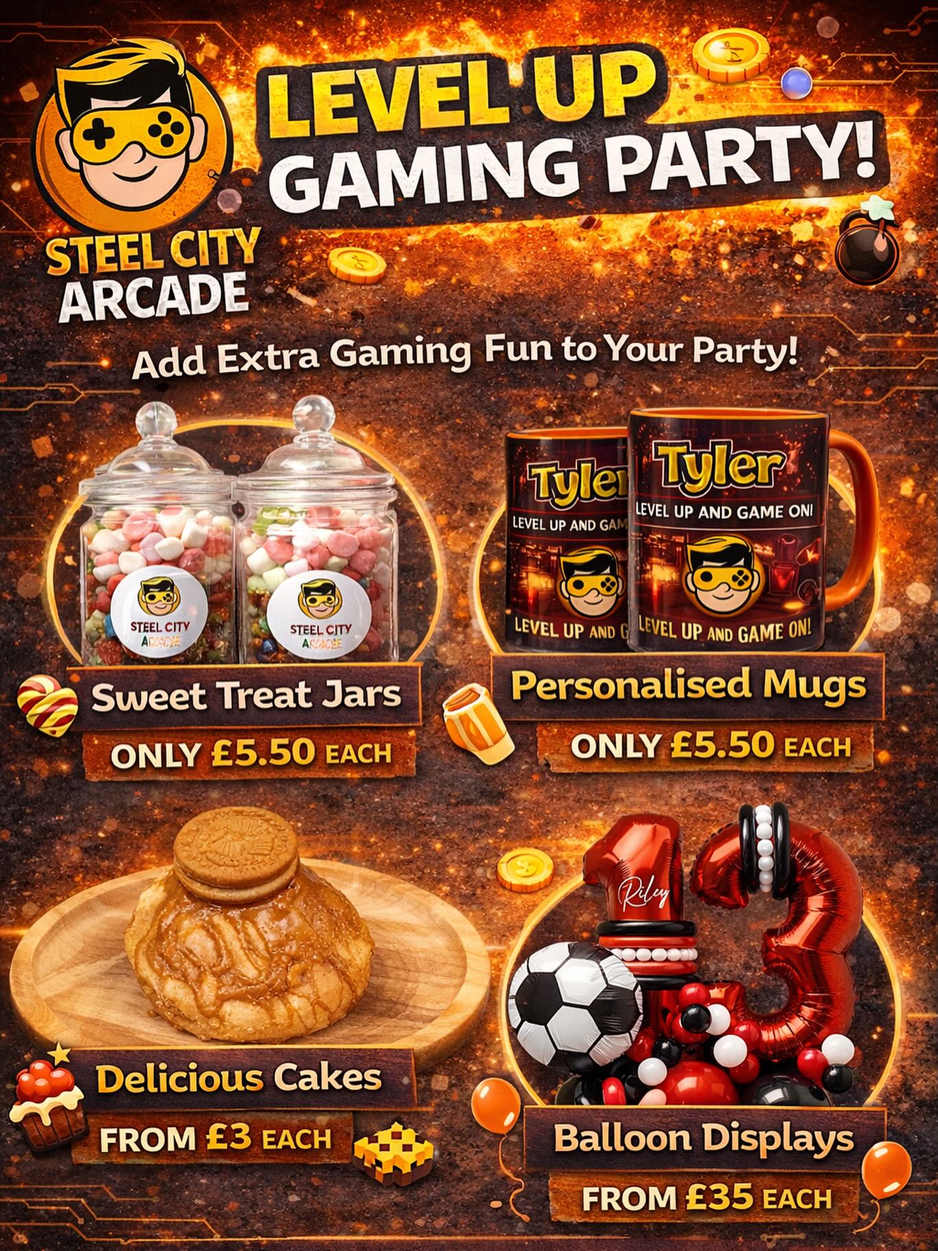 ✨ UPGRADE YOUR GAMING PARTY ✨
Want to make your party that extra bit special? 👀
Add some fun little extras to your Steel City Arcade experience…
🍬 Sweet Treat Jars – £5.50
☕ Personalised Mugs – £5.50
🧁 Cupcakes – from £3
🎈 Balloon Displays – from £35
Because let’s be honest… no party is complete without treats 🍭
📲 DM us to add extras to your booking!
#Gamingvan #PartyExtras #Steelcityarcade #BirthdayFun