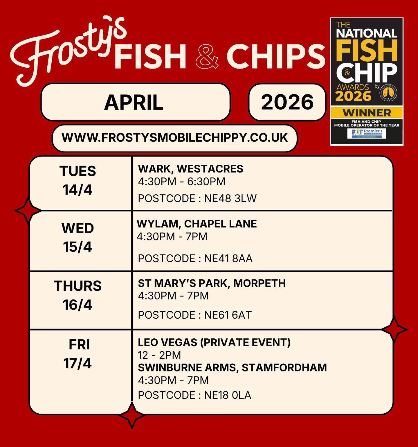 Your Weekly Frosty’s Fix - When & Where can you find us this week? 📍
As you’ll see from this post, we’ll now be including the postcode for each location. Over the past few months we’ve had loads of new faces which is absolutely amazing so this should make it much easier to find us, especially as I can’t always get to the phone during a busy service ❤️
We’ve even had someone drive all the way from Liverpool just to try us… and then head straight back home again. Proper dedication that 🐟🍟
I’ve also updated our schedule on the website for the next few months. There’s a few bits coming up like a couple of my mates Stag Do’s, a trip to Norway with the @nfff_uk , Weddings which i’m attending and catering at, events like @tynedalebeerfest & @pontelandbeerfestival etc, so it’s worth keeping an eye on where we’ll be - www.frostysmobilechippy.co.uk/our-round