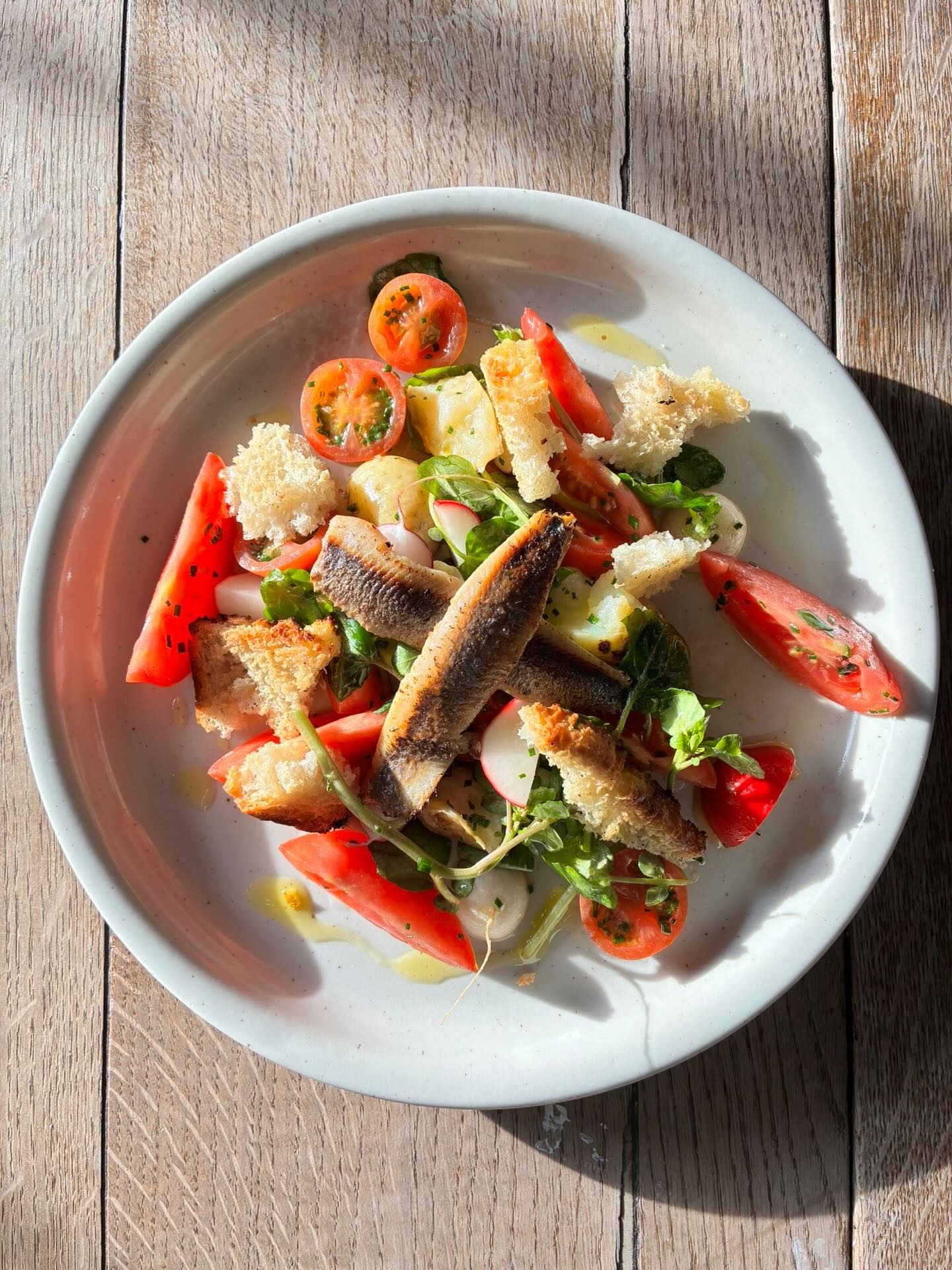 New Dish Alert, Smoked Sardine, Tomato & Watercress Salad, Heritage Radish, Sherry Vinegar, Jersey Royals, Vinaigrette, Focaccia #eatthesummer #freshflavours #embraceyourface #thedogsnotafan