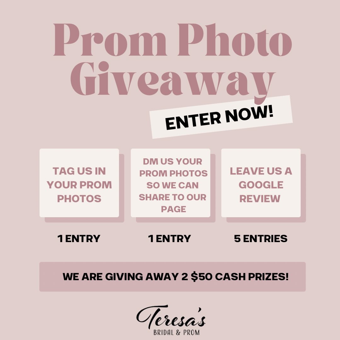 Share some love with those prom pics and enter our cash giveaway!! Tagging us in your Tik toks also works! You can get up to 7 entries!🤩 Announcing our winners on 5/4 after all of our area proms have taken place!! ✨✨✨