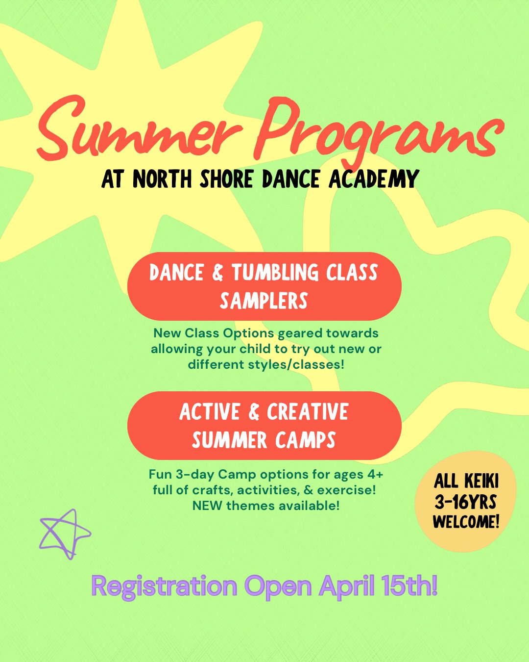More information on our SUMMER PROGRAMS! We have so many exciting camps and classes planned. Registration opens THIS Wednesday! βοΈππ₯³ Special promo: 15% off registration when you enroll in a class or camp before May 1stβ