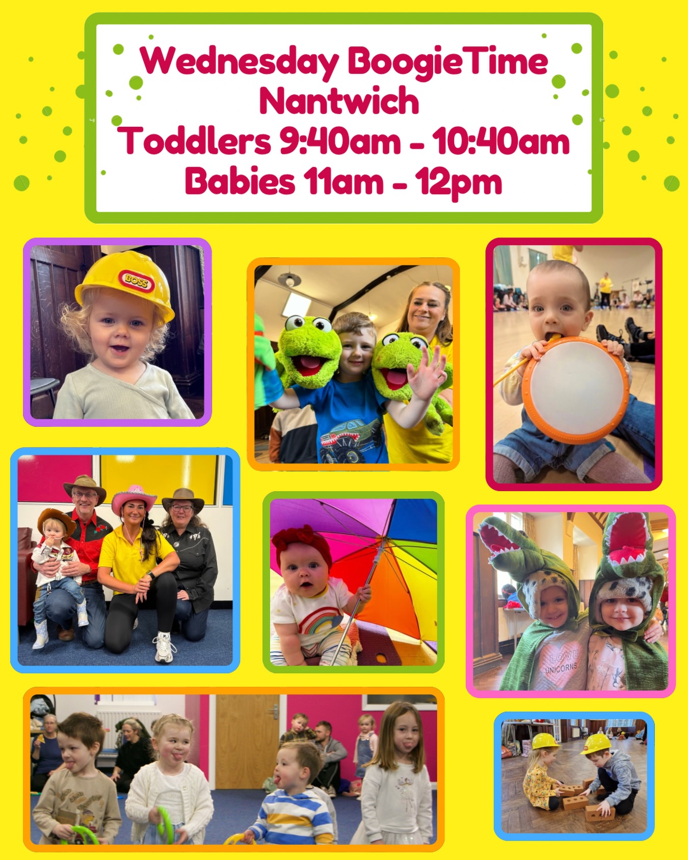 Join us tomorrow (15th April) for a Boogietime Session at Nantwich Methodist Church!
Just drop in to any of the following sessions:
Toddlers 9:40am - 10:40am
Babies 11am - 12pm
£7.50 and additional siblings over 12 months are an extra £1
We will see you tomorrow!
#nantwich #nantwichmums #crewe