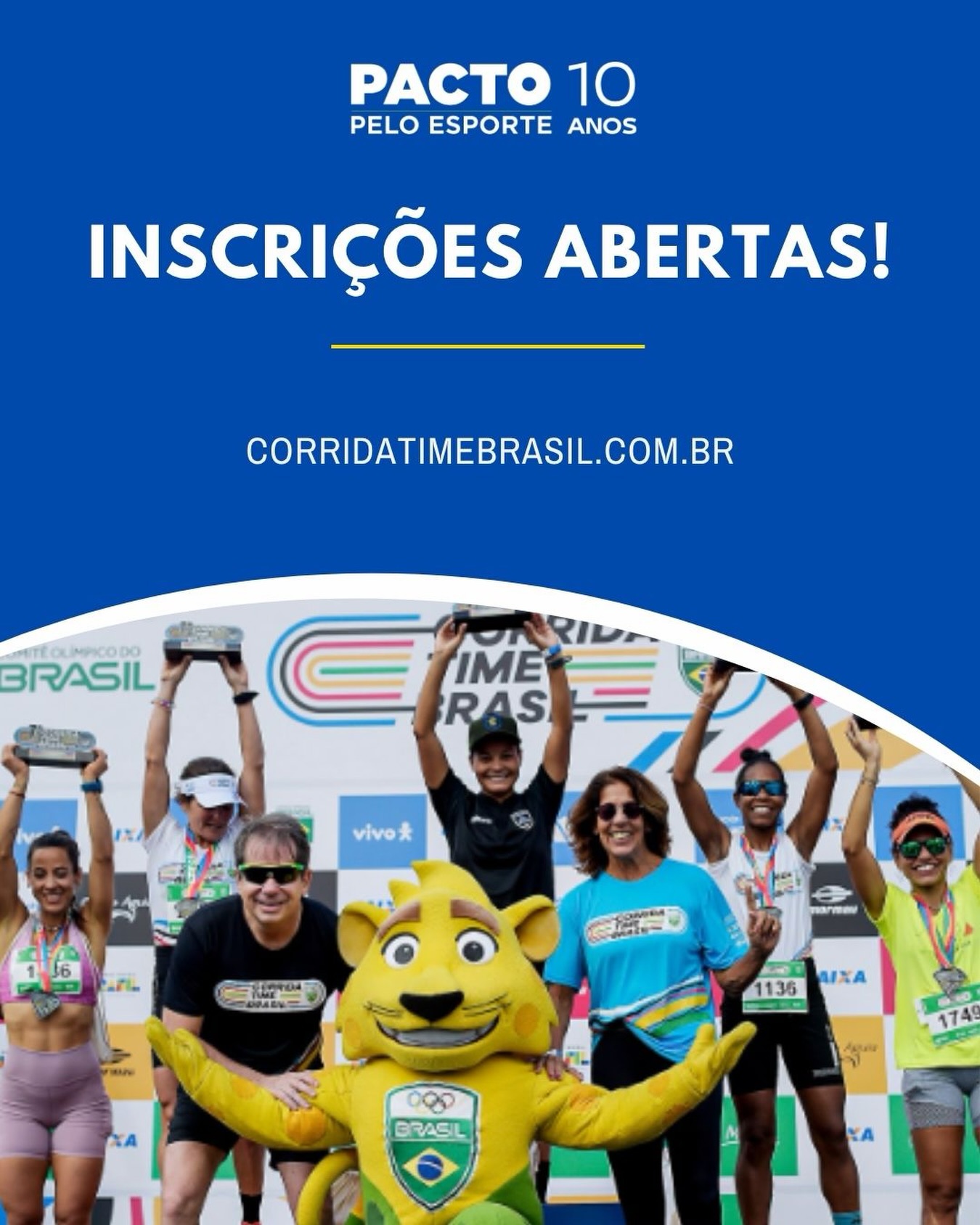INSCRIÇÕES ABERTAS! 🏃♂️🇧🇷
A Corrida Time Brasil está chegando!
📅 17 de maio de 2026 (domingo)
📍 Parque Olímpico, Barra da Tijuca – Rio de Janeiro
Garanta sua vaga em corridatimebrasil.com.br 💚💛
#TimeBrasil #PactopeloEsporte #pactopeloesporte10anos