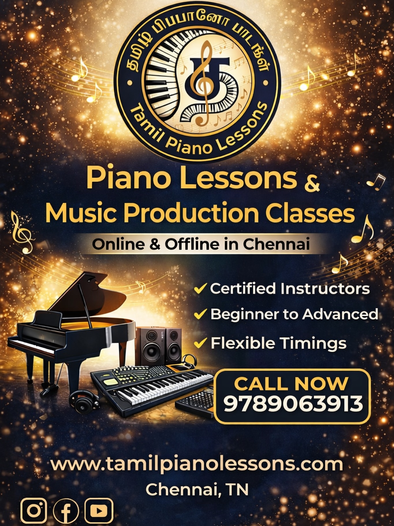 I’m excited to offer Piano Lessons & Music Production Classes 🎹✨
I personally teach Tamil film songs of Ilayaraja, AR Rahman, and other top composers, along with strong fundamentals to make you a complete musician.
📍 Available Online & Offline in Chennai
🎯 Beginner to Advanced
🎵 Learn Film Songs, Chords & Improvisation
💻 Music Production (Logic Pro)
⏰ Flexible Timings
📞 Call / WhatsApp: 9789063913
Let’s bring your favourite songs to life on piano 🎶
#IlayarajaSongs #ARRahmanMusic #TamilPiano #TamilSongsOnPiano #PianoLessonsChennai