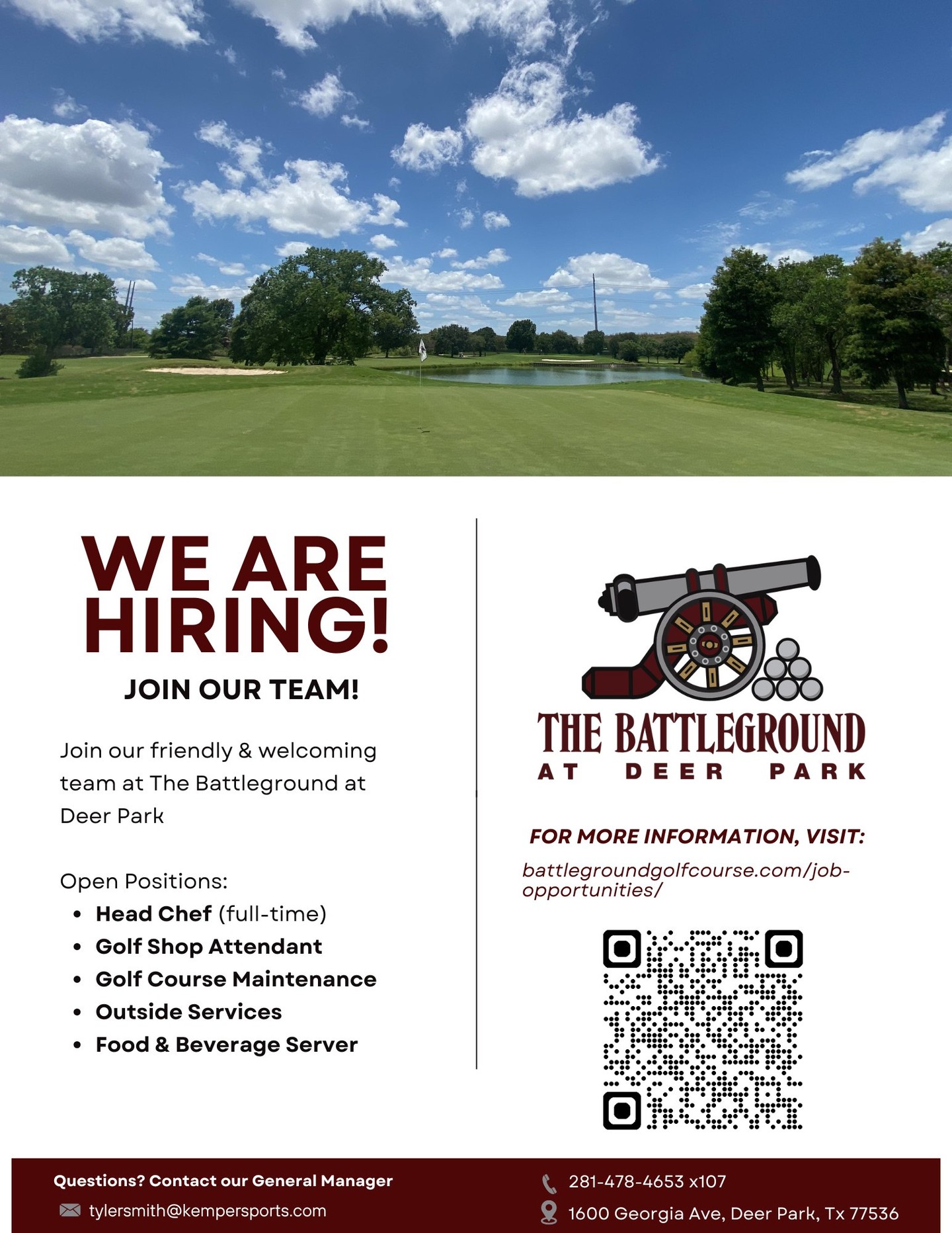 WE'RE HIRING⛳🔥
Current open positions:
-Head Chef (Full-time)
-Golf Shop attendant
-Golf course maintenance
-Outside Services
-Food & Beverage Server
If you're reliable, hard-working, and want to be part of a fun, fast-paced environment, we would love to have you join our team!
Visit our website to submit your resume:
🖱️ battlegroundgolfcourse.com/job-opportunities/
OR email it to:
📤 tylersmith@kempersports.com