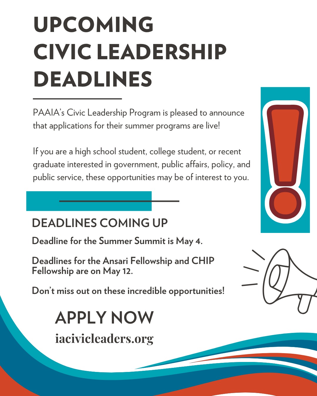 📢 Deadlines are approaching!
If you’re passionate about leadership, public service, or government, now’s the time to get involved this summer.
🗓️ May 4 is the final deadline to apply for:
- Civic Leadership Summer Summit
🗓️ May 12 is the final deadline to apply for:
- Ansari Service Fellowship
- CHIP Fellowship
Visit iacivicleaders.org for more information and to apply. Don’t miss your chance to grow, lead, and connect!