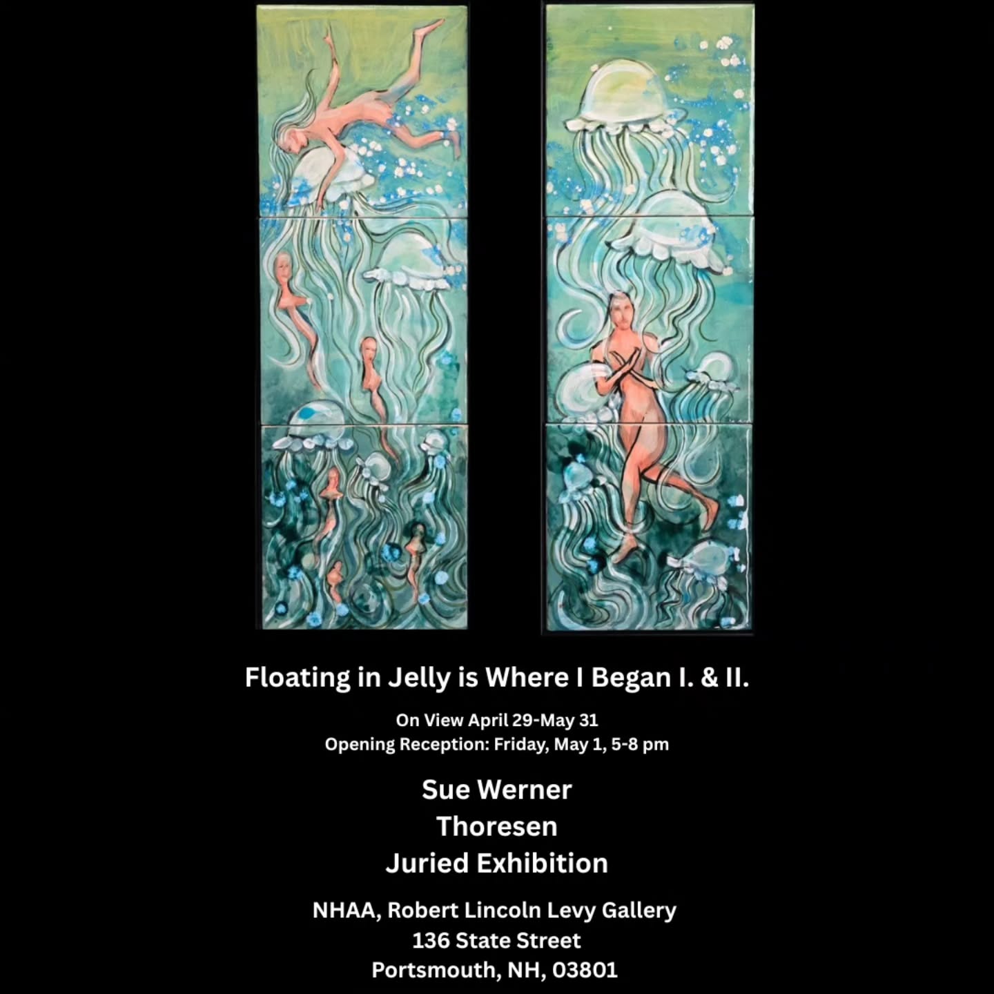 I am excited to announce that my dyptich, Floating in Jelly is Where I Began, I. & 2., has been juried into the upcoming Sue Werner Thoresen exhibit, 04/29 - 05/01 @nhartassociation . Each of the 2 pieces consists of three 8" x 8" hand glazed and kiln fired tiles. The subject explores the correlation and relationship between Women and the Sea For more information on the show and the other artists represented,, please visit the New Hamoshire Art Association website!
#newhampshireartist #nhart #womenartist #womenandthesea #jellyfish