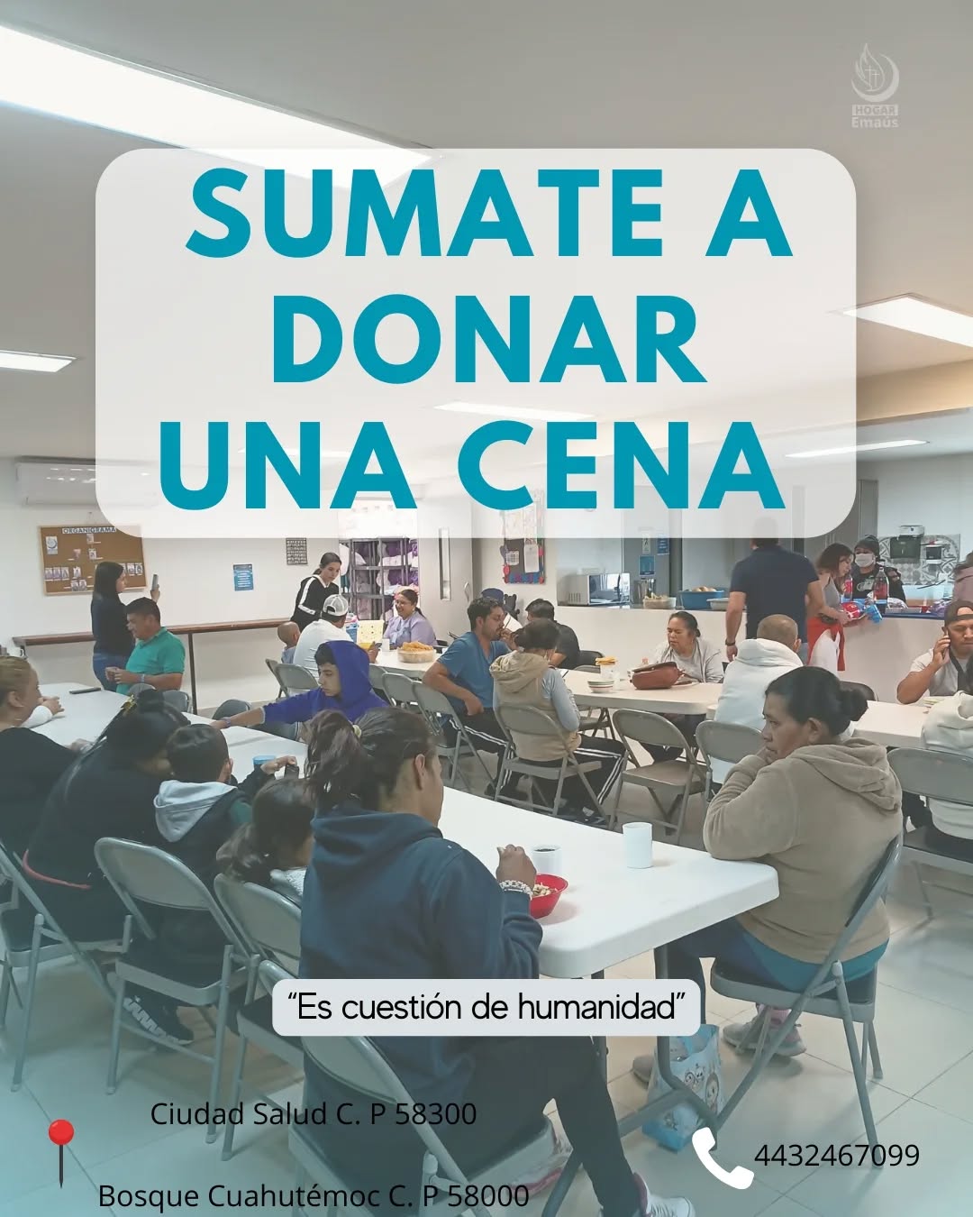 En Hogar Emús trabajamos todos los días para brindar alimento y cuidado a quienes más lo necesitan
Hoy te invitamos a ser parte de esta misión donando una cena. Con tu apoyo, podemos seguir llenando platos… y también corazones.💙