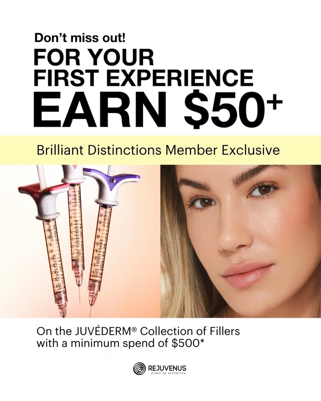 For Your First Experience Earn $50 Cash Back on Juvéderm & SkinVive Treatments at Rejuvenus Clinic ✨
______
Your first treatment just got rewarded. 🌟
New to injectables? This is the perfect time to start. 🙌
From March 16th – Dec 31st, 2026, all first-time patients of Juvederm collection of fillers and Skinvive can earn $50 or more on their first treatment with Brilliant Distinctions Loyalty program at our Rejuvenus Clinic in Toronto . Here’s how you can take advantage of this limited-time offer.
________
We are happy to offer in-clinic treatments that are eligible to be submitted to the Brilliant Distinctions® (BD) program!
Here’s what this means for YOU:
* Earn points on treatments like Botox® Cosmetic, Skinvive™ and Juvederm® filler. Save your receipt!
* Redeem points for cash-back (via e-transfer!)
* Get access to offers & promos (such as this one!)
💫 Enjoy exclusive Brilliant Distinctions member rewards when you try the JUVÉDERM® collection of fillers or SKINVIVE™. With a minimum spend of $500, you can earn $50+ back toward your aesthetic journey.
A simple way to begin, with results that are tailored to you.
Book your Consultation with Rejuvenus Clinic 🪄 ✨
𝐂𝐨𝐧𝐭𝐚𝐜𝐭:
📞 647.615.0223
📲: info@rejuvenusclinic.ca
🖥: www.rejuvenusclinic.ca
📍3130 Bathurst St, Toronto
🔗:WhatsApp ⤵️
https://wa.me/message/ZLBZ7RB3PVMZM1
.
.
.
#rejuvenusclinic #rejuvenusclinicca #BrilliantDistinctions #BrilliantDistinctionsProgram #AllerganAesthetics