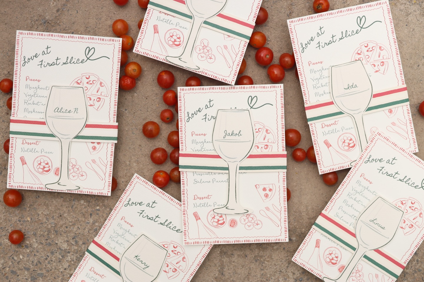 These dreamy Italian-themed wedding menu cards are giving us all the amore vibes! Handwritten guest names, pizza choices, and Nutella pizza dessert, because every detail of your big day deserves to be as beautiful as it is personal. Scattered cherry tomatoes, wine glass illustrations, and that classic red and green Italian palette make these the most charming place settings we’ve ever seen. 🍅🍷✨
Perfect inspo for couples planning a pizza party, Italian wedding, wine and cheese or anyone who just wants their stationery to be as delicious as the food!
#weddingstationery #italianwedding #weddingmenucard #pizzawedding #weddinginspiration
