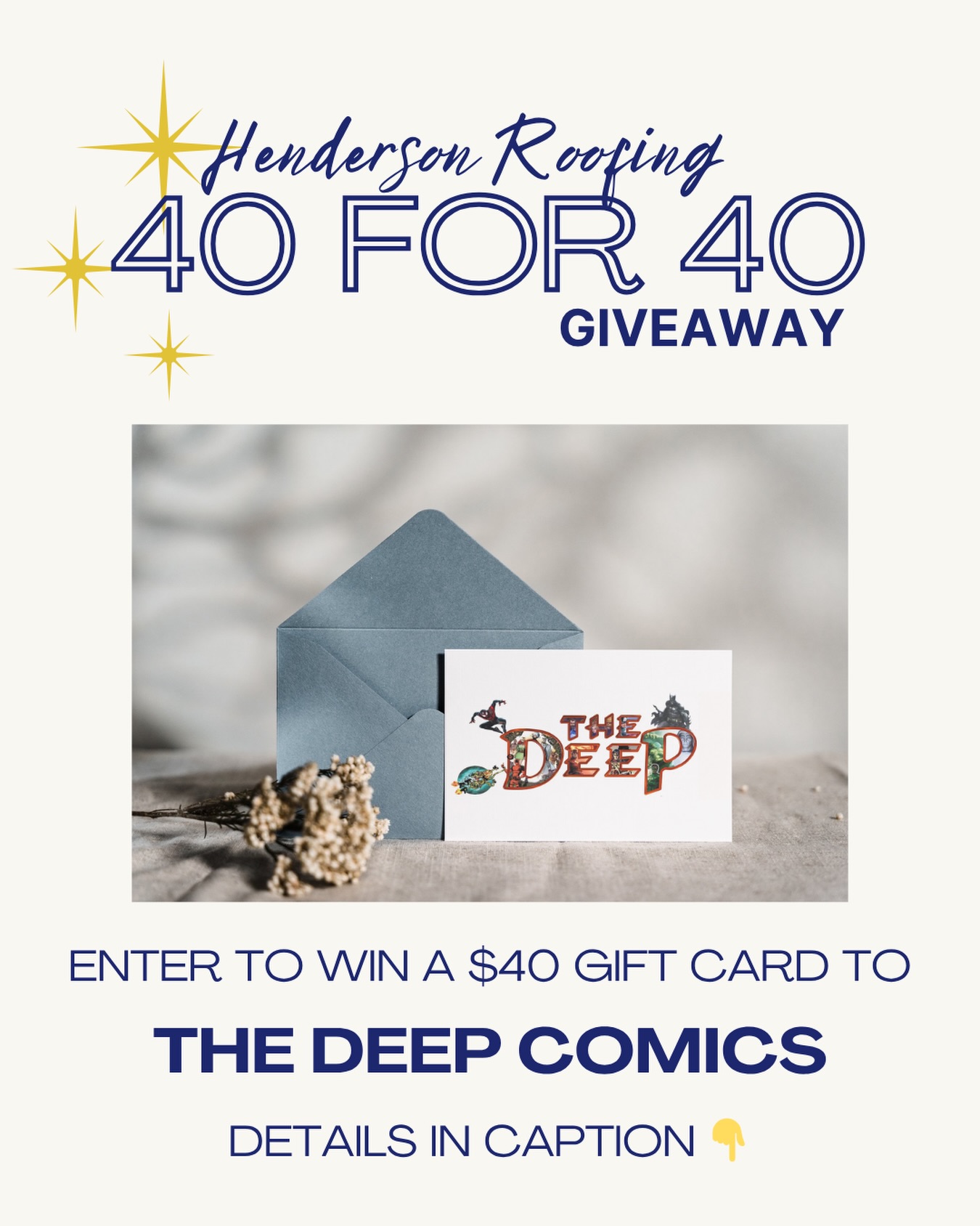 🎉40 FOR 40 GIVEAWAY🎉
Win a $40 gift card to The Deep Comics, Games & Toys!
How to enter:
1. Follow @hendersonroofing
2. Like this post
3. Tag a friend in the comments
4. Share this post
Winner will be announced on 5/26 from this page. Dont forget to hop over to our Facebook account and enter there too for an extra chance! 👀