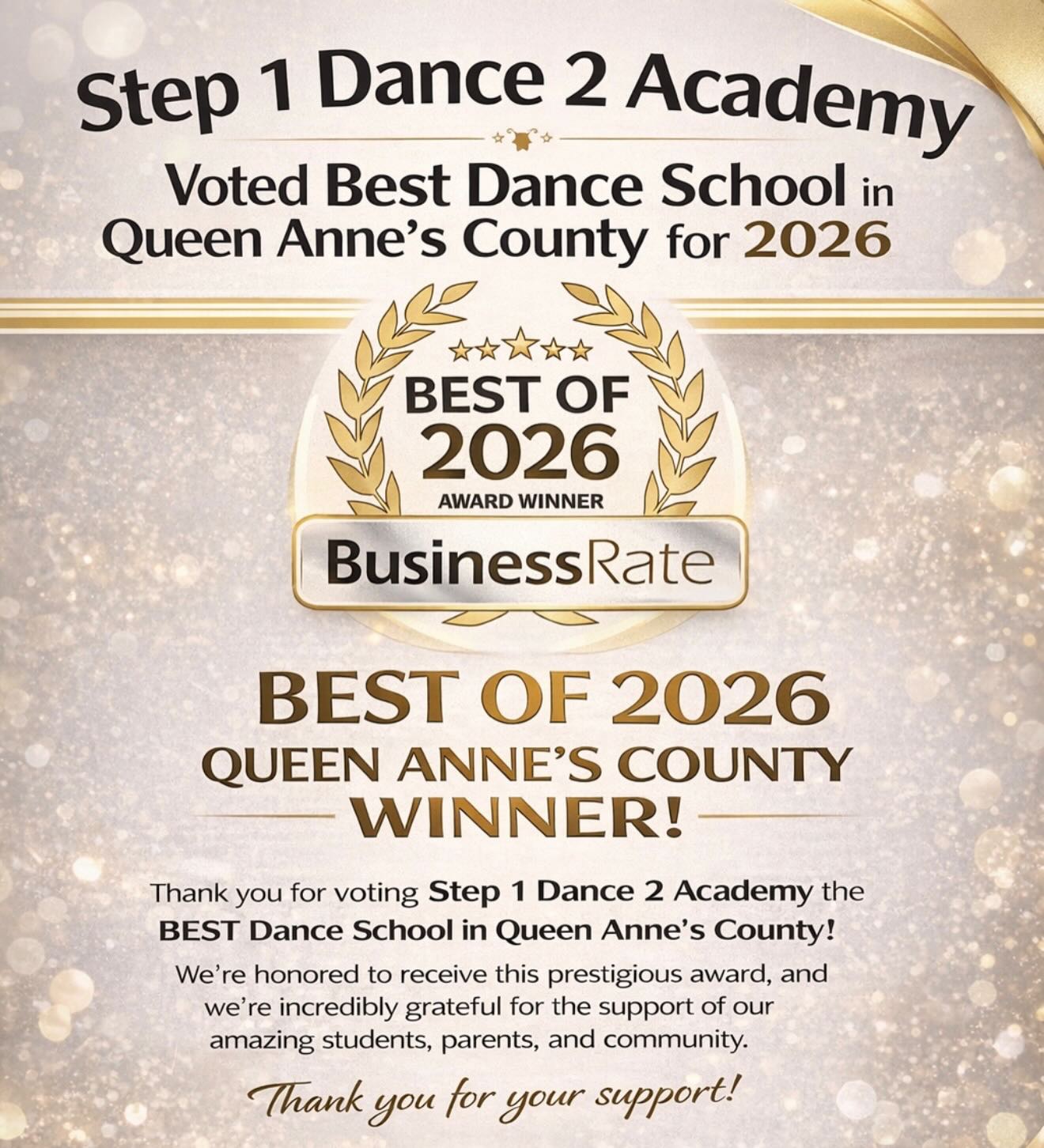Step 1 Dance 2 Academy has officially been named
BEST Dance School in Queen Anne’s County for 2026 🤍
We’ve always believed in what we’re building here…
and this just confirms it.
Excellence. Community. Growth.
That’s S1D2.
🔥🔥🔥🔥🔥🔥🔥🔥🔥