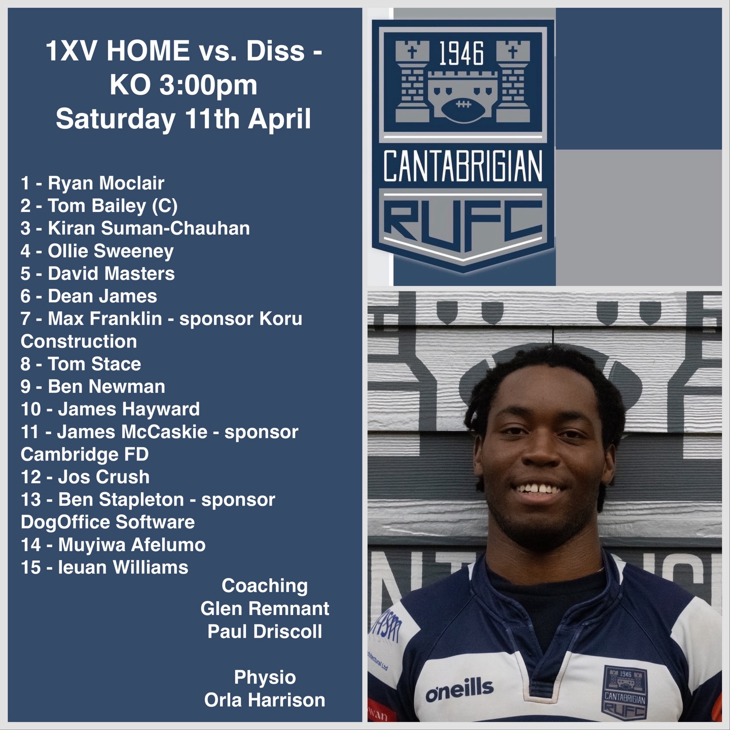 DOUBLE HEADER SATURDAY!
💥1XV SQUAD ANNOUNCEMENT💥
The 1XV are also at HOME against @dissrugbyfootballclub
Kick Off 3pm straight after the 2XV game!
Good luck lads 💥
📸 @bwsportsphotography
#rugby #rugbyunion #cantabs #cantabsrugby #socialrugbyincambridge