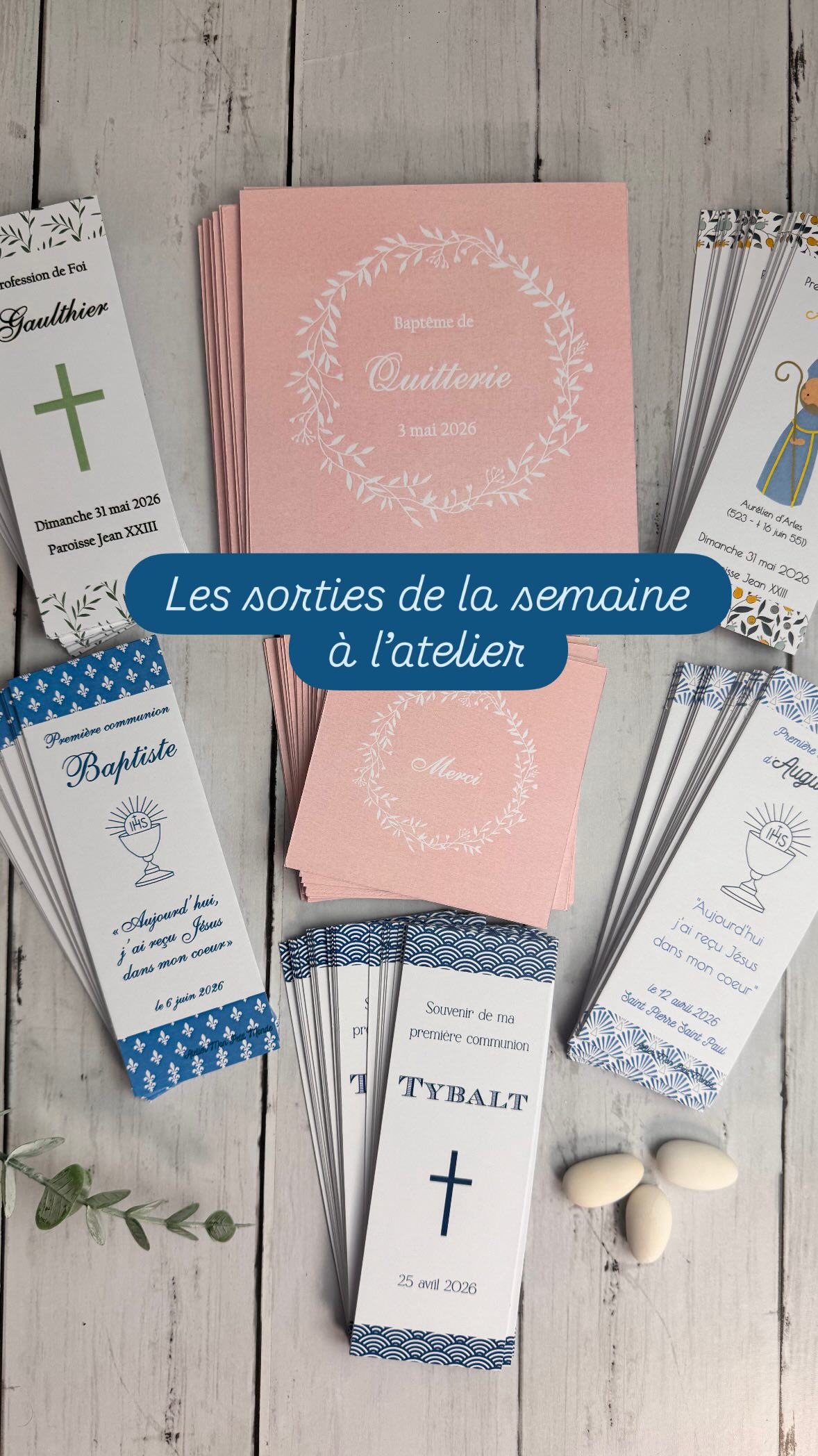 Les commandes de la semaine 🌸
Quitterie, Augustin, Tybalt, Baptiste et Gaulthier offriront de de jolis cadeaux souvenirs aux invités à leurs célébrations religieuses 🌸
#papeteriepersonnalisée #cadeaudinvités #marquepagepersonnalisé #catho #premièrecommunion