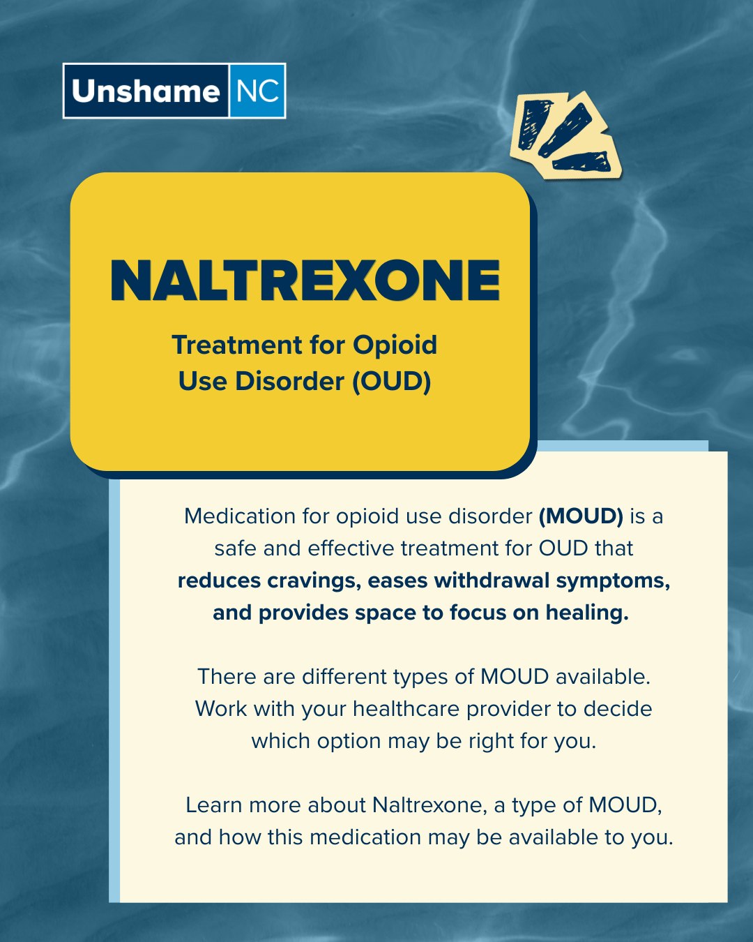 At Unshame NC, we're sharing information about medications for opioid use disorder (MOUD) in North Carolina. Today, we're looking at Naltrexone, a prescription MOUD that can be taken orally or given as a monthly injection by a healthcare provider, offering a path to healing.
Learn more about MOUD and find out what option might work best for you at nctreatmentconnection.com.