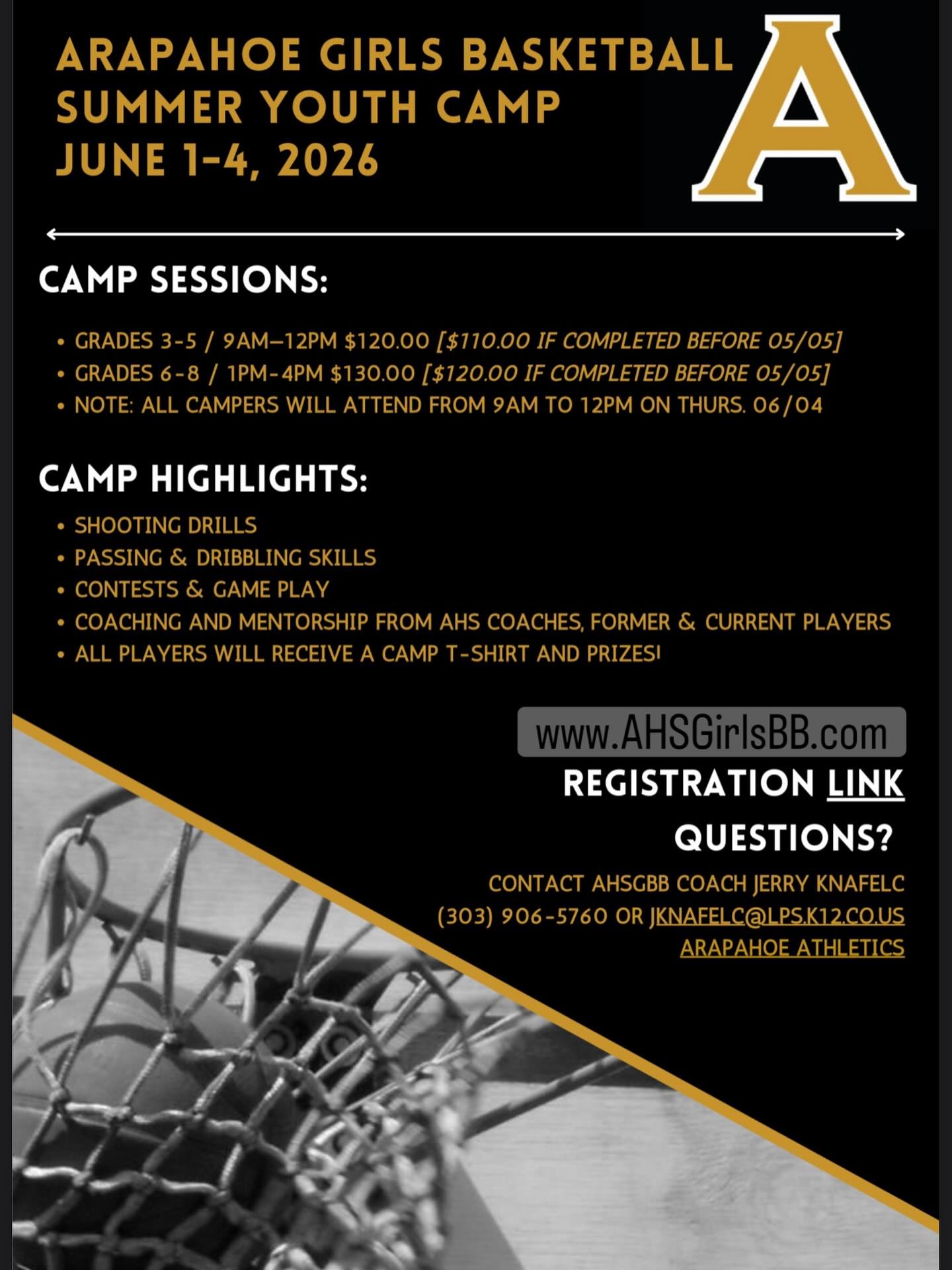3rd-8th grade girls! Join us at the top basketball camp in the state June 1-4, 2026. More info at www.AHSGirlsBB.com
Coming off a 23-3 Varsity and 18-0 JV season, the AHS coaches and players are exited to share their knowledge and skills with the next generation of players.